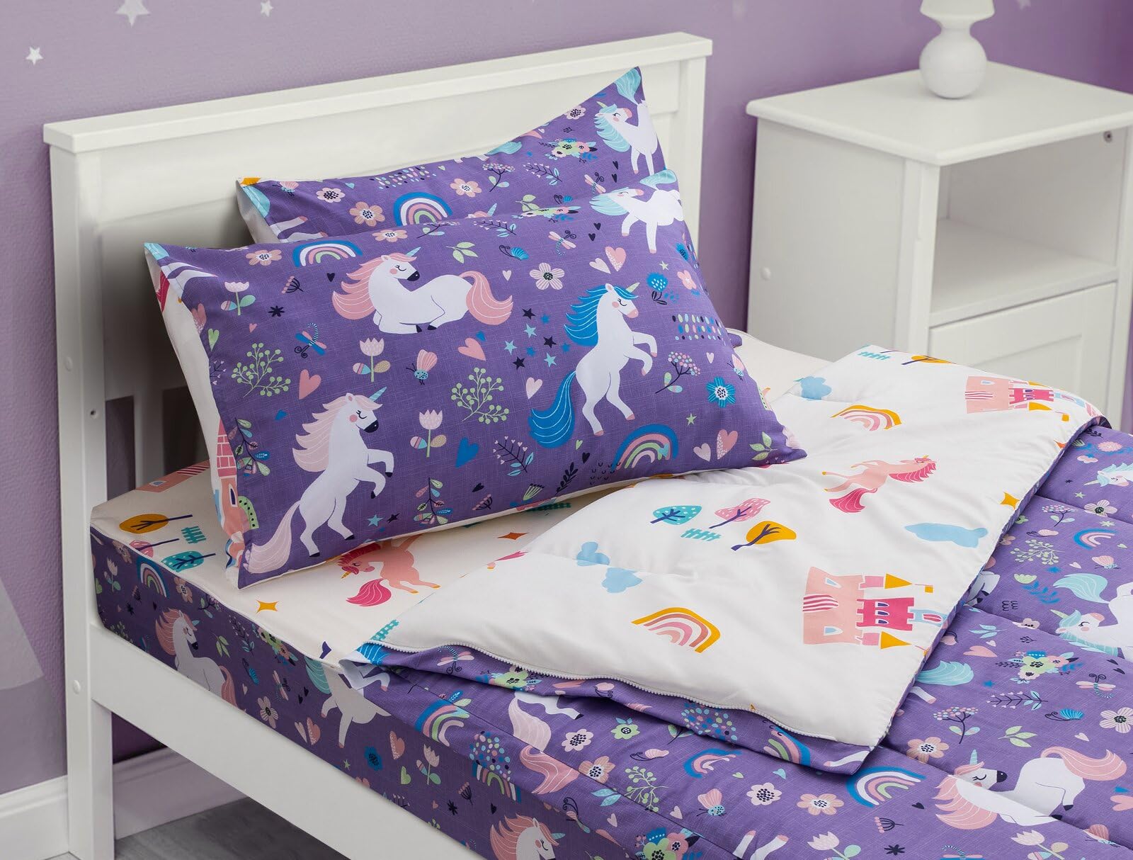 Meeting Story 3Pcs Kids Comforter Sets Zipper Bedding Set For Girls,Twin Kid Bedding Set Rainbow Comforter Unicorn Bedding Set F