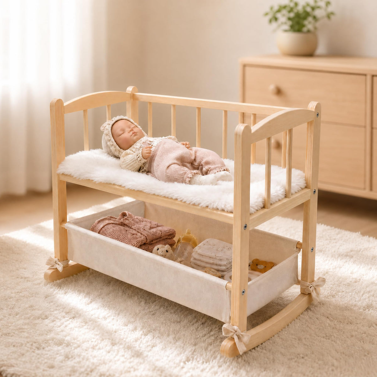 Woodtoe 2in1 Wooden Baby Doll Crib with Storage Basket, Fits to 20 Dolls