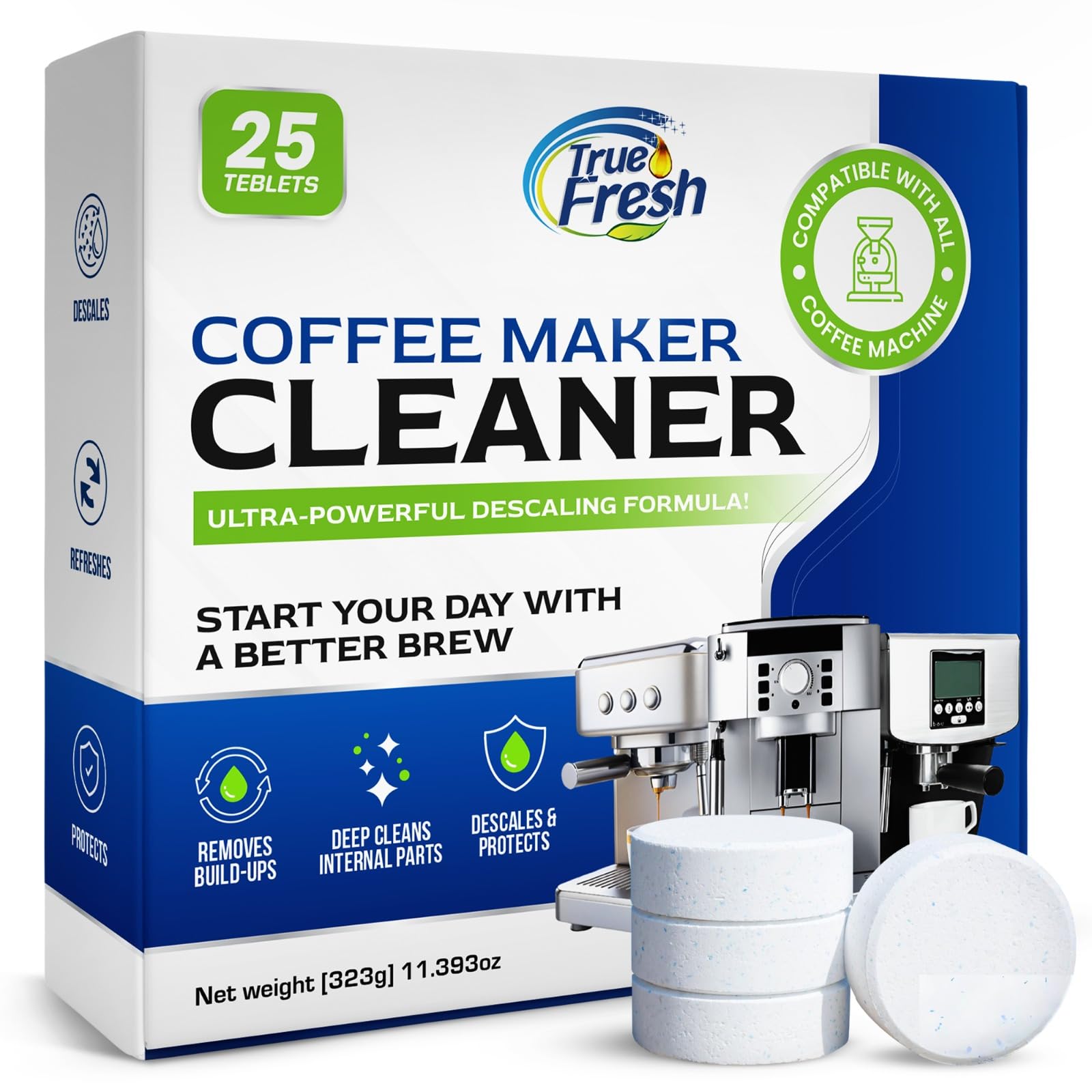 True Fresh Coffee Machine Cleaner & Descaler Tablets 25 Pack - Removes Limescale & Oils, Compatible with Keurig, Nespresso, Brev