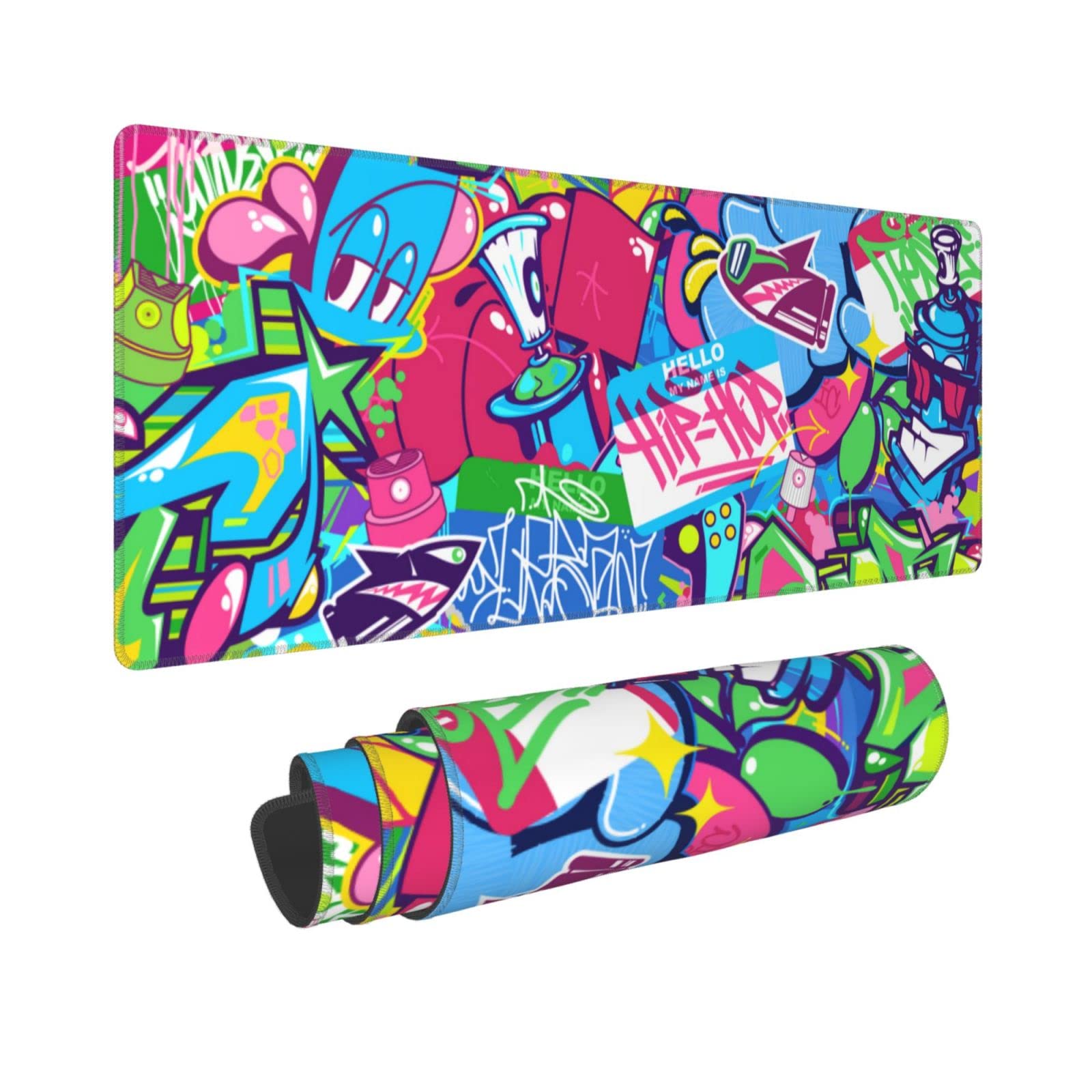 Xl Large Gaming Mouse Pad With Stitched Edges, Abstract Urban Graffiti Extended Mousepad With Non-Slip, Long Waterproof Keyboard