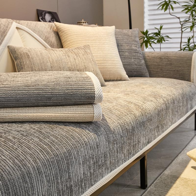 Rosygulls Fuzzy Pet Couch Covers For Sofa,Simple Striped Chenille Anti-Scratch Couch Cover,Chenille Couch Covers For Pet,Chenill