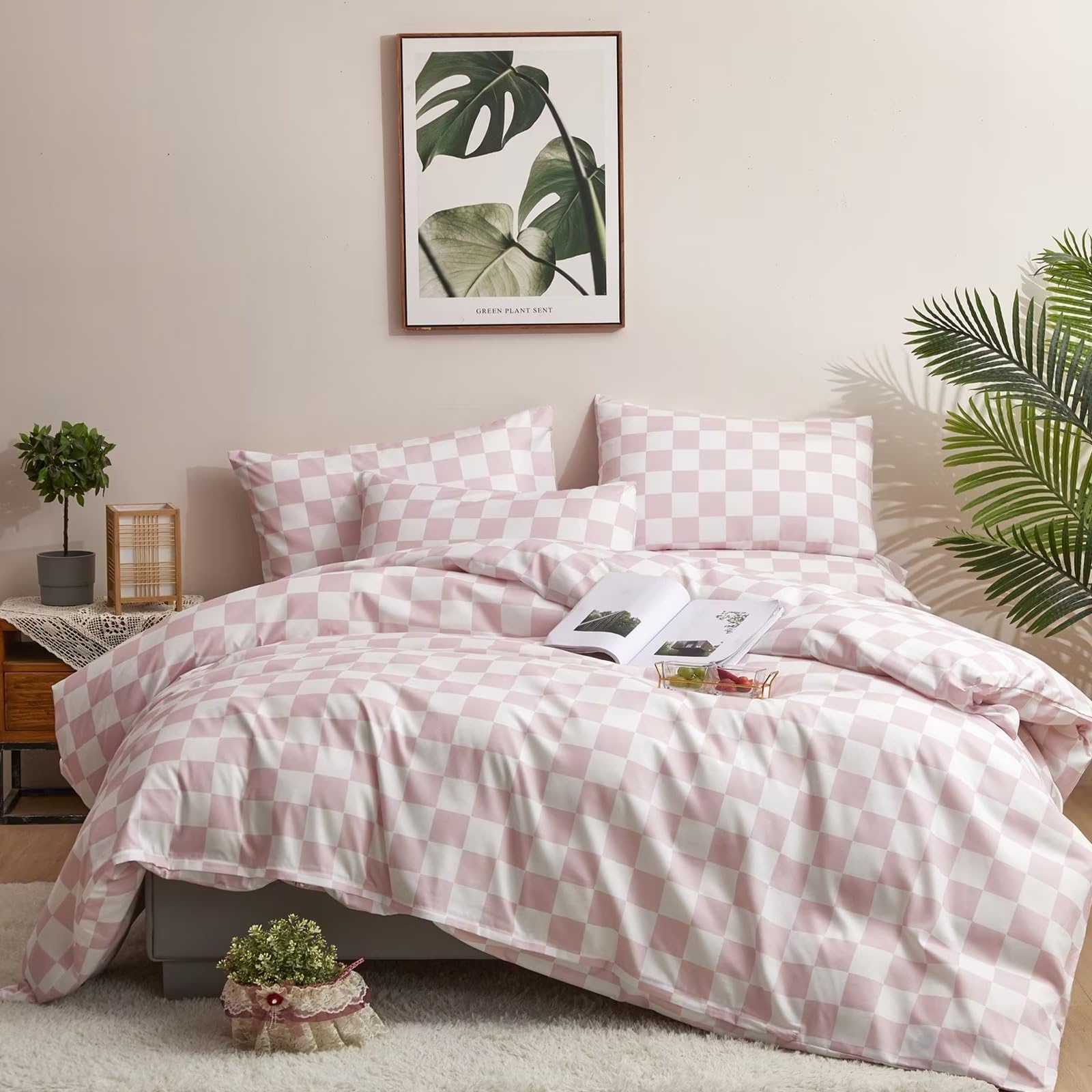Houseri Pink White Plaid Comforter Set Cal King Light Pink Buffalo Checkered Bedding Comforter California King Baby Pink Checker