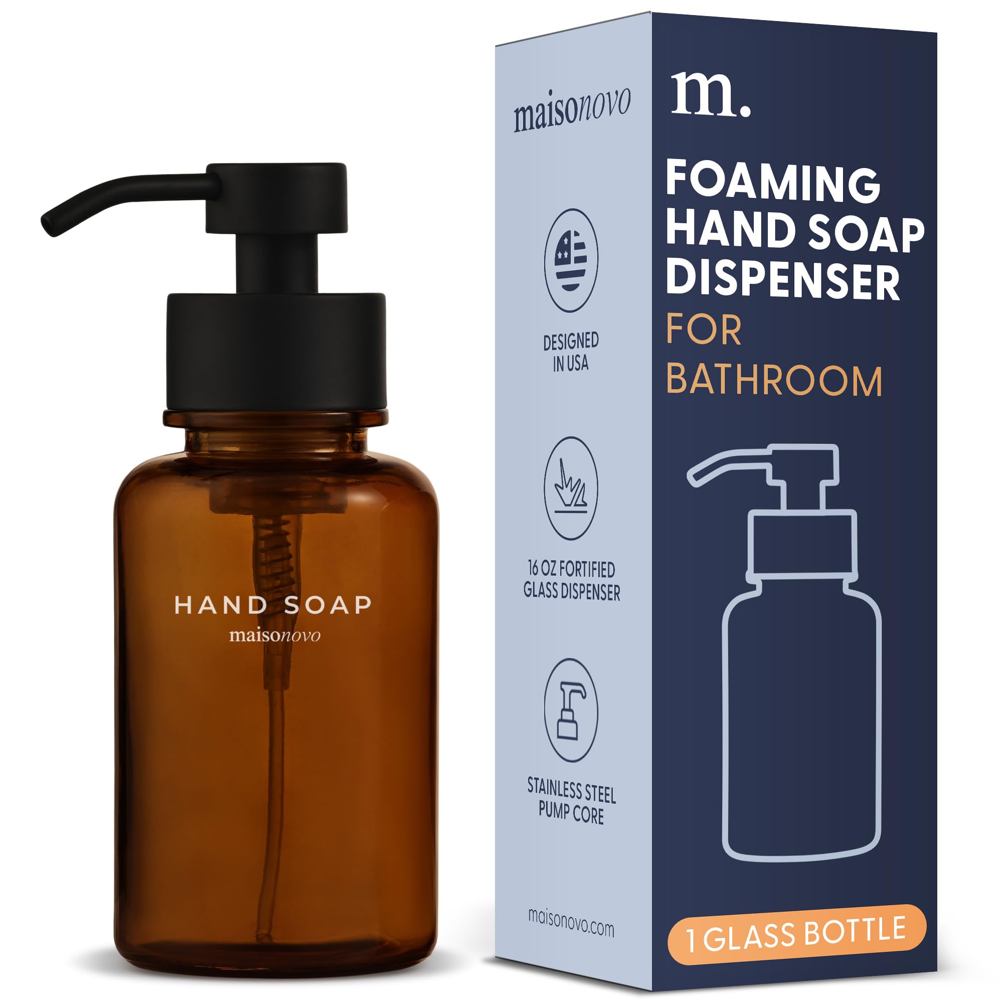 MaisoNovo Glass Foaming Hand Soap Dispenser | Amber Foaming Soap Dispenser Black Pump x 1 w/Labels