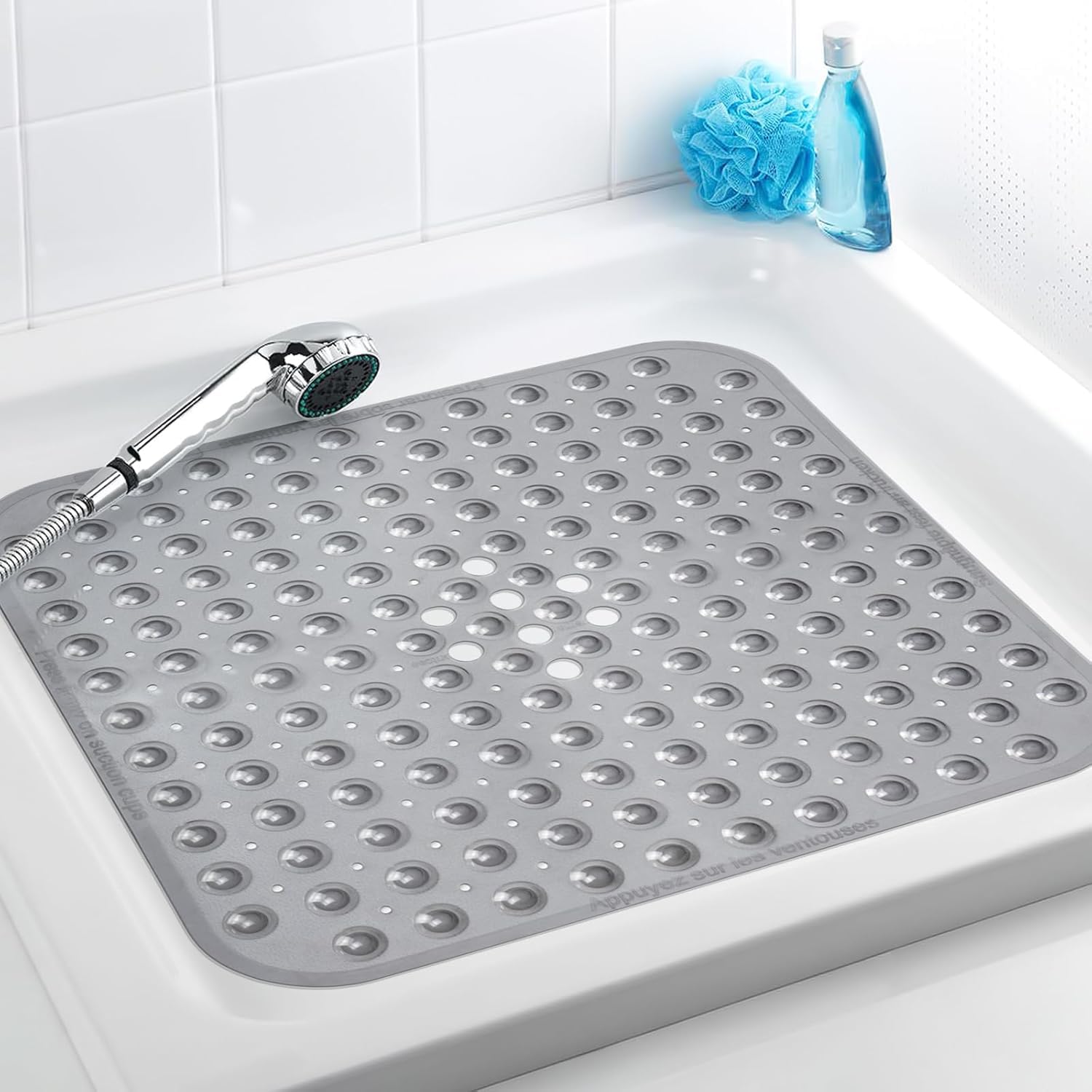 KRLZ Square Shower Mat Non Slip Anti Mould, 45x45cm Bath Mat for Tub with Suction Cups and Drain Holes, Machine Washable Bathroo