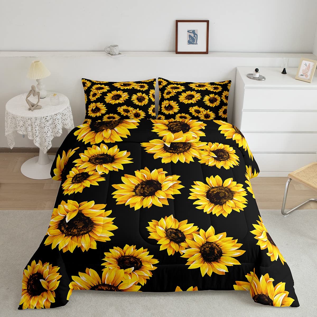 Erosebridal Yellow Sunflowers Bedding Black Yellow Comforter Set Gold Yellow Sunflowers Printed Luxury Black Boys Girls Bedding 