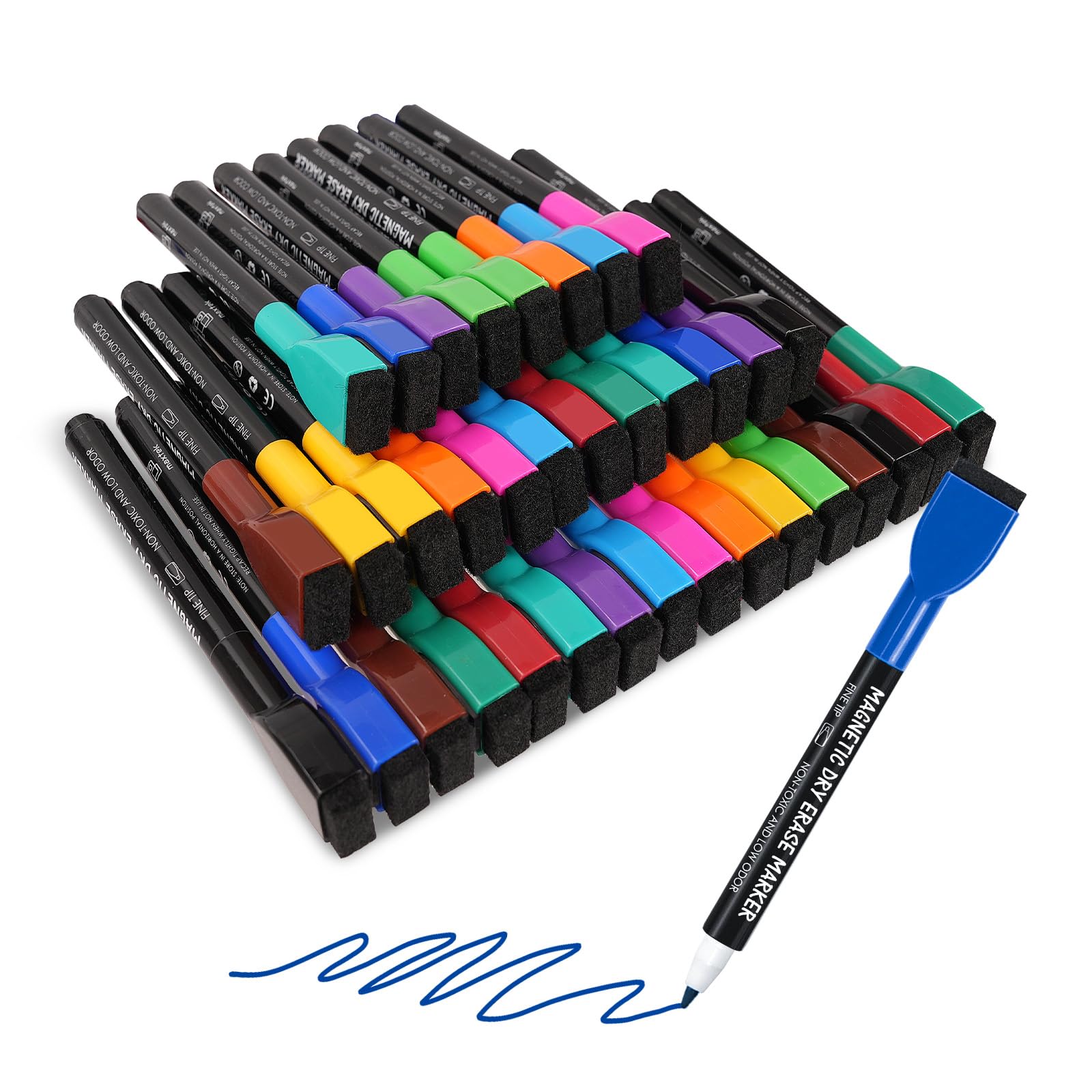 Maxtek 36 Count Magnetic Dry Erase Markers, Fine Tip, 12 Colors, Low Odor Whiteboard Markers With Built-In Eraser