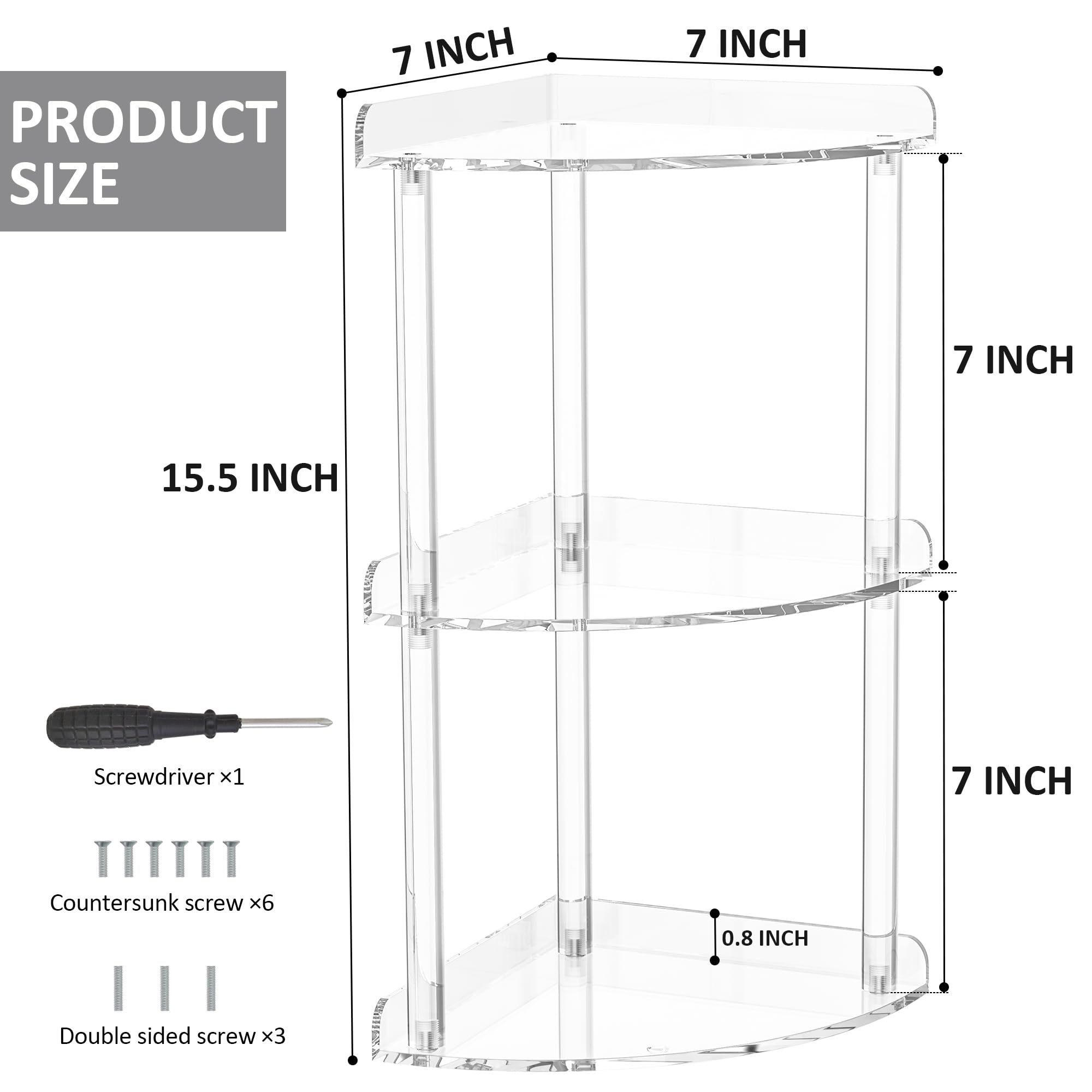 Sezanrpt 3 Tier Countertop Corner Organizer Shelf 7X7X15.7 Inch, Countertop Acrylic Bathroom Corner Shelf, Clear Vanity Storage Organizer For Cosmetics, Toiletries