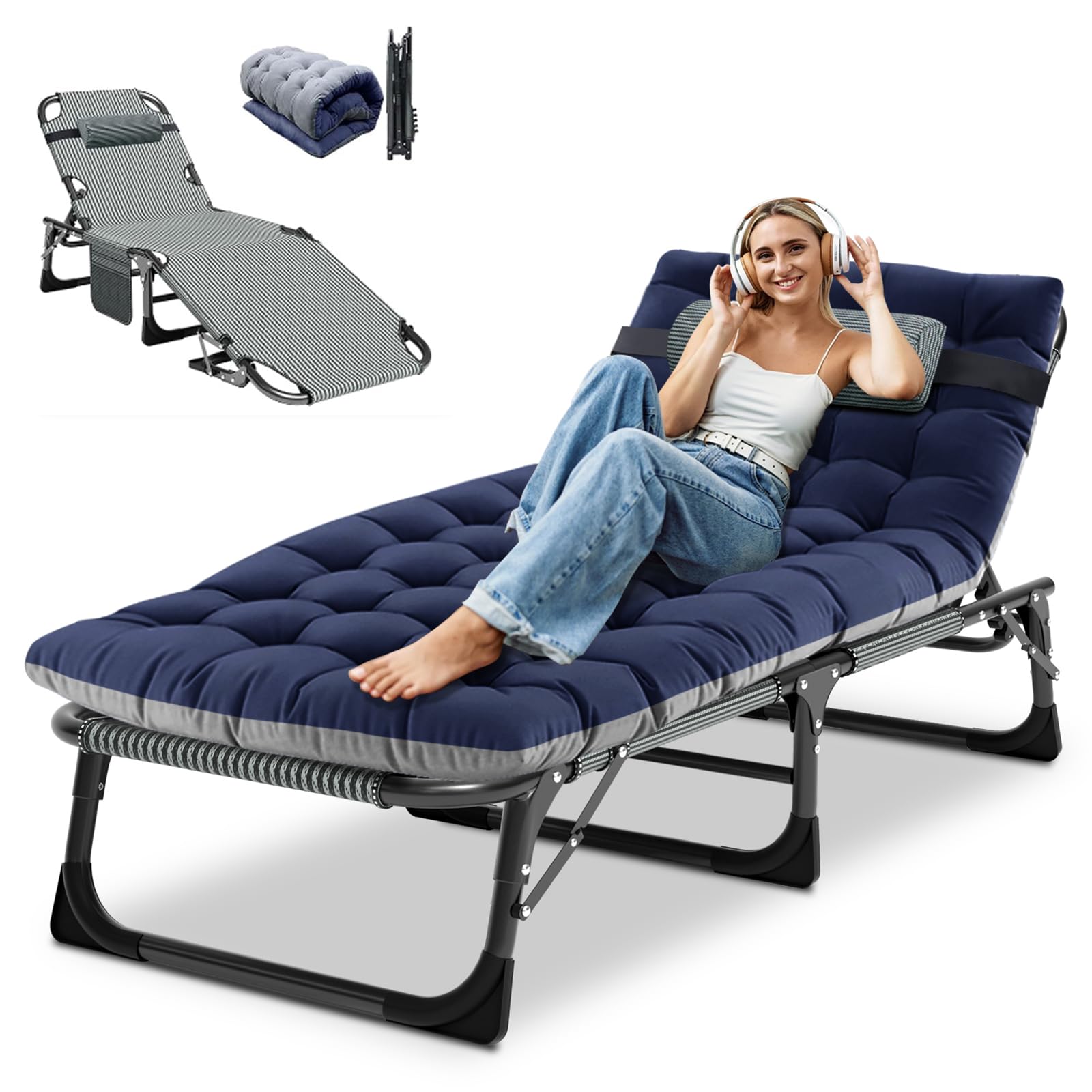 DoCred Folding Chaise Lounge Chair, Folding Cot, 5-Position Adjustable Heavy Duty Patio Chaise Lounges for Outside, Poolside, Be