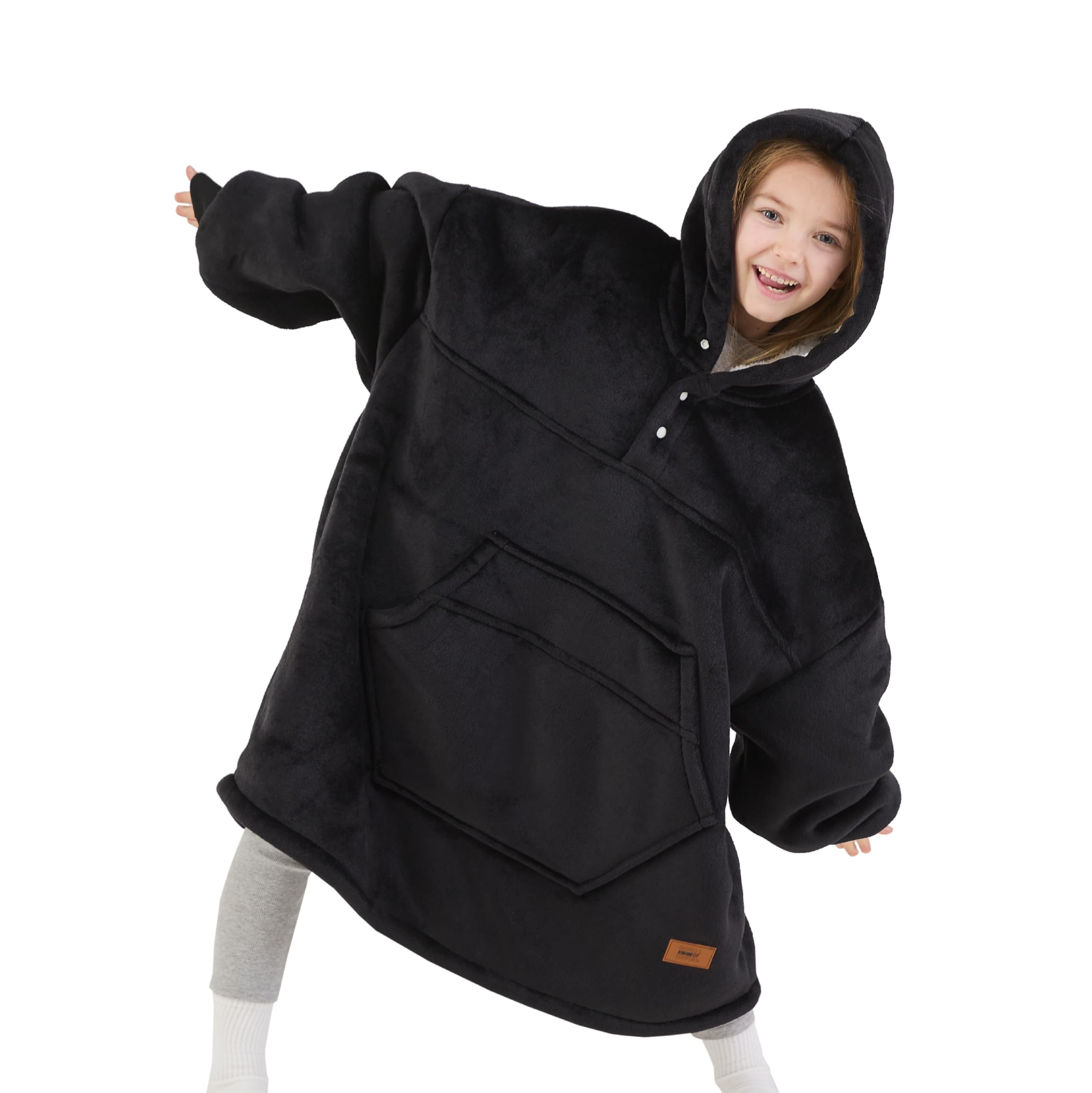 Degrees Of Comfort Wearable Blanket Hoodie For Kids, Snuggie Sherpa Hooded Blankets Sweatshirt With Pockets, Black, One Size Fit