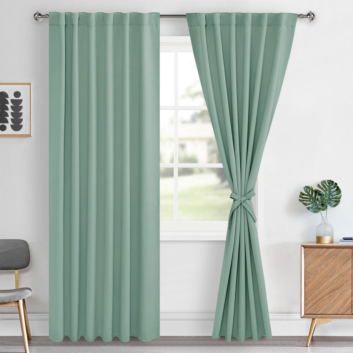Hiasan Blackout Curtains 2 Panels for Bedroom, Back Tab & Rod Pocket Christmas Curtains Sewn with Tiebacks, Room Darkening Therm