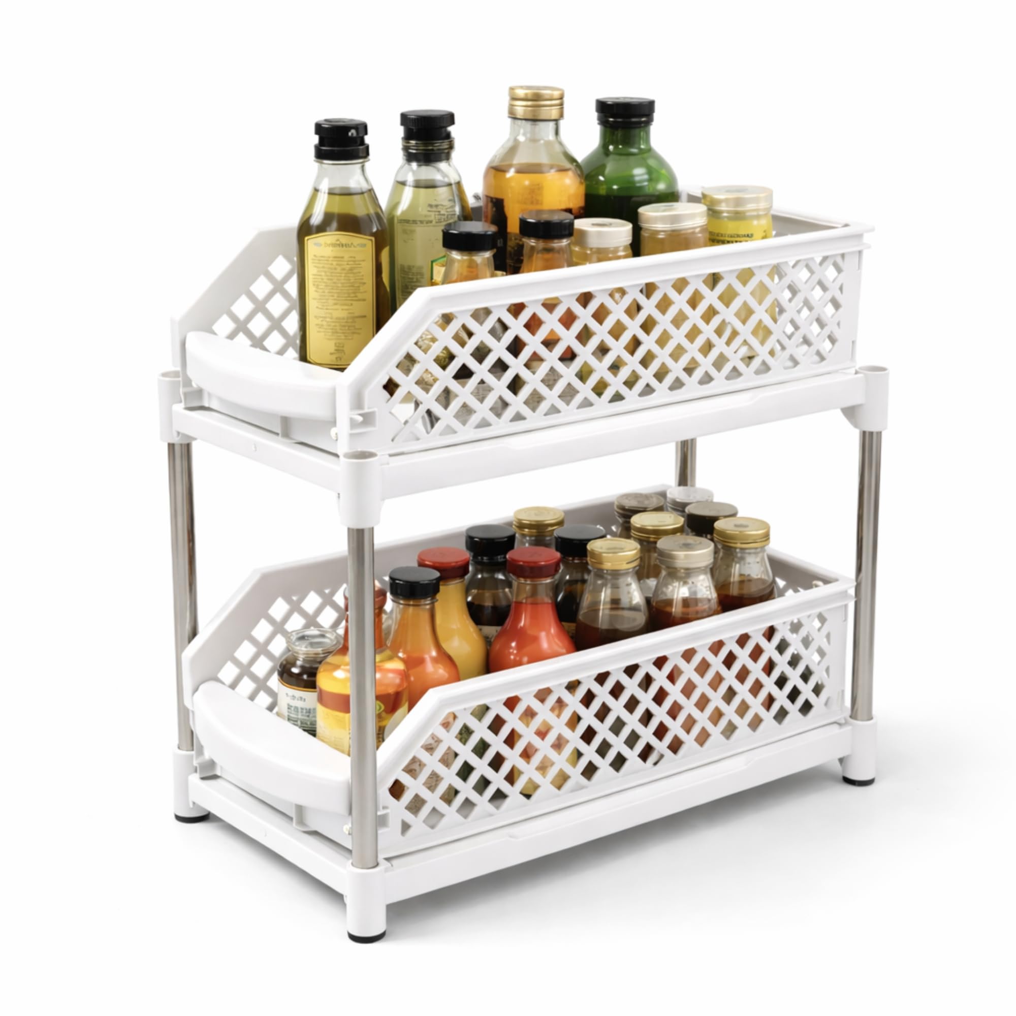 Voco 2 Tier Pull Out Kitchen Cabinet Organizer Rack For Countertop Storage, Designed For Organizing Condiments, Bottles, And Kit