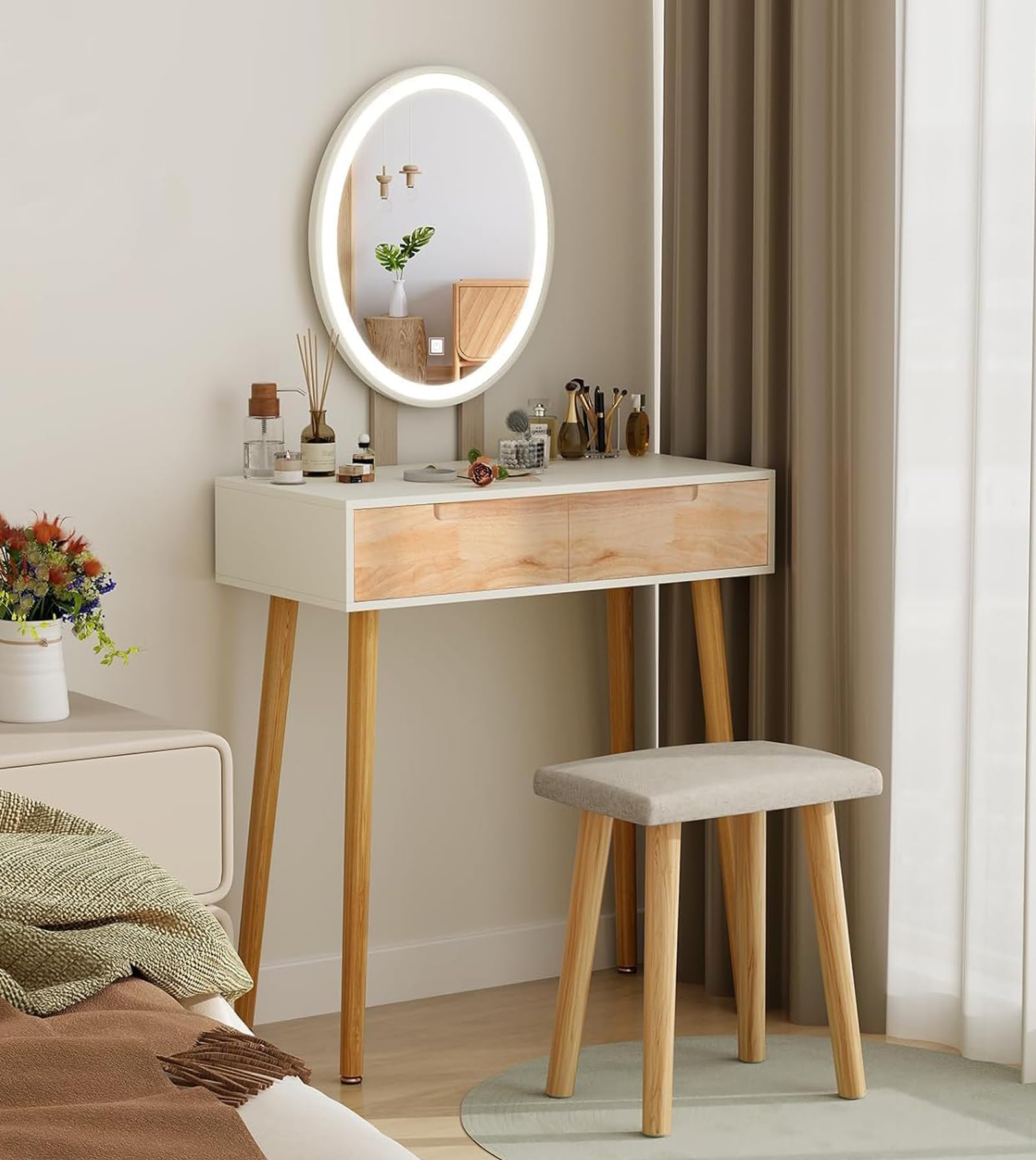YOURLITE Makeup Vanity Desk with 3 Lighting Modes Mirror, 2 Large Drawers and Stool, 31.5 Minimalist Dressing Table with Storage