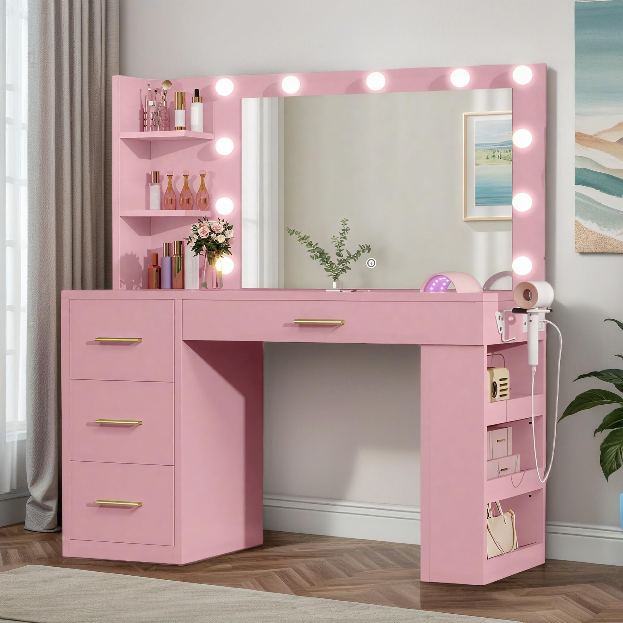 YITAHOME Vanity Desk with Mirror & Lights, Makeup Vanity Table Set with Power Outlet, 4 Drawers, 6 Open Shelves Above and 3 Adju