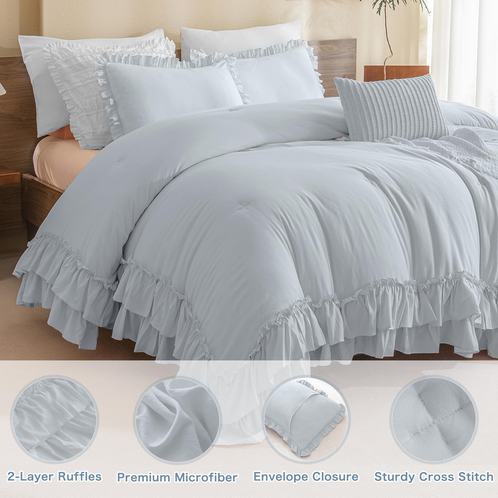 Masaca Ruffled Comforter Set For Queen Bed,3 Pieces Vintage Farmhouse Shabby Bedding Set Lightweight Ultra Soft French Country B