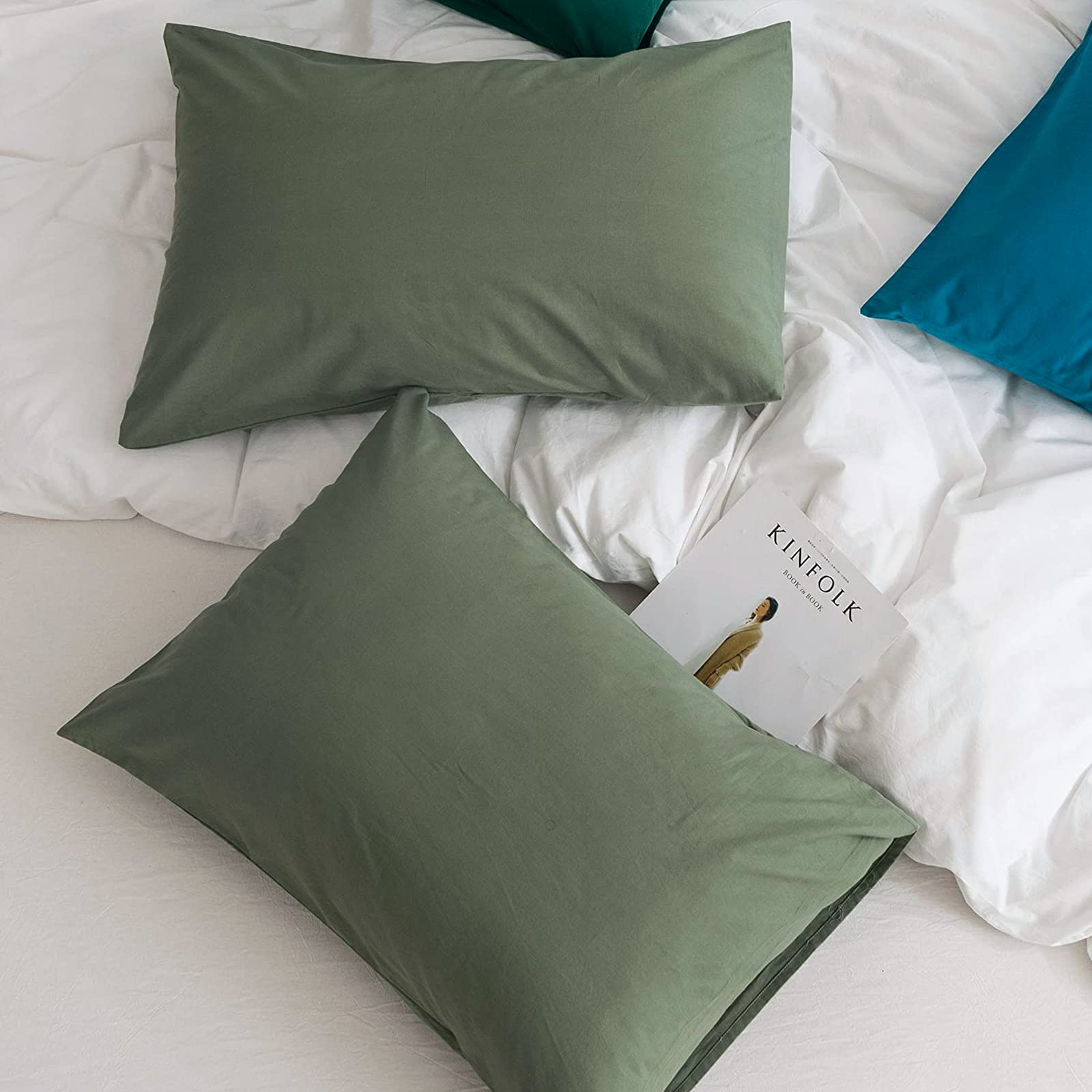 Jellymoni Pillowcases King Set Of 2 Cotton Envelope Pillow Covers Green 20  36In Bed Pillow Cases 100% Washed Cotton Soft Breath