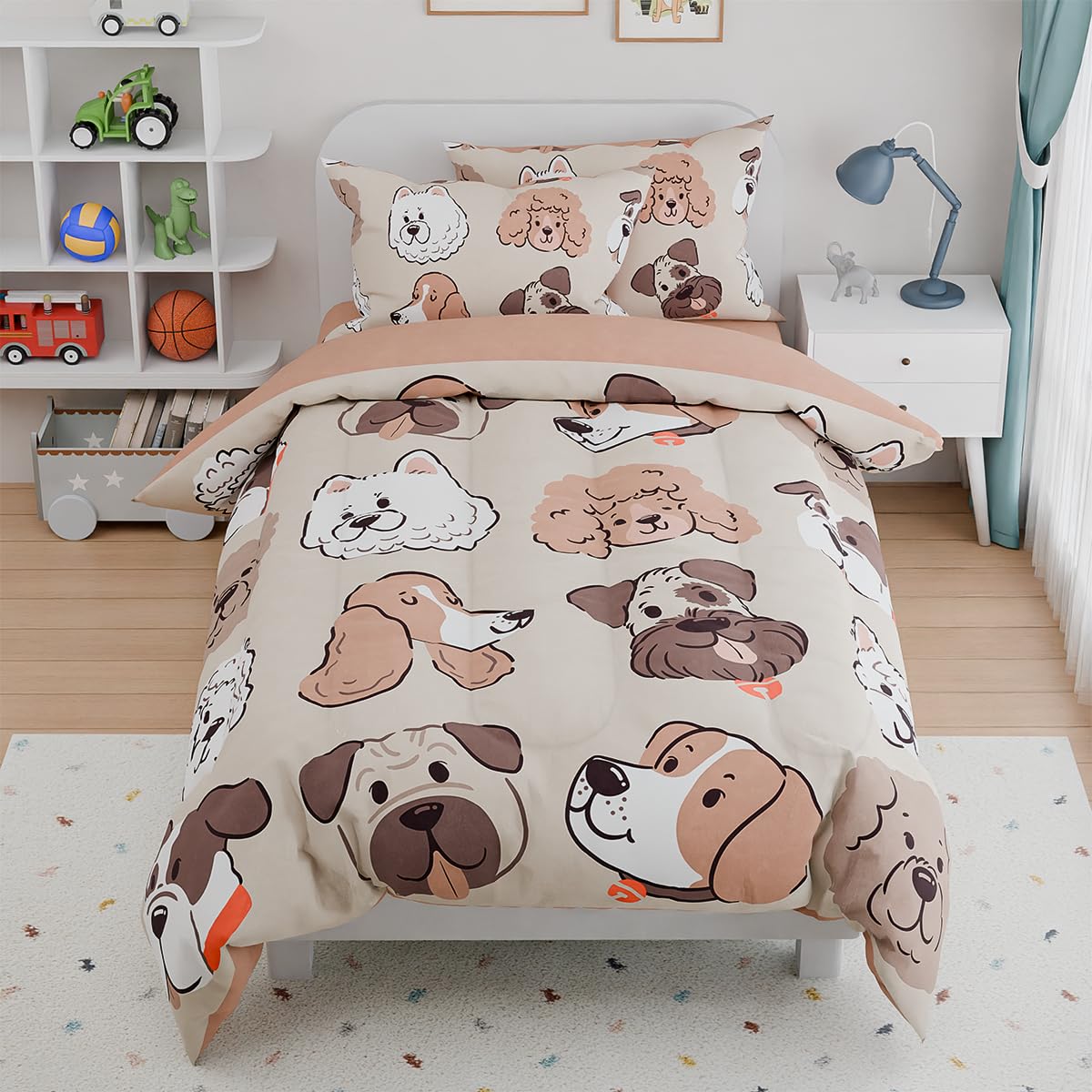 Dog Kids Bedding Set For Girls Boys, Ultra Soft Microfiber Comforter Set Full Size 4-Pieces, Dogs Comforters Bed Sets For Kid Tw