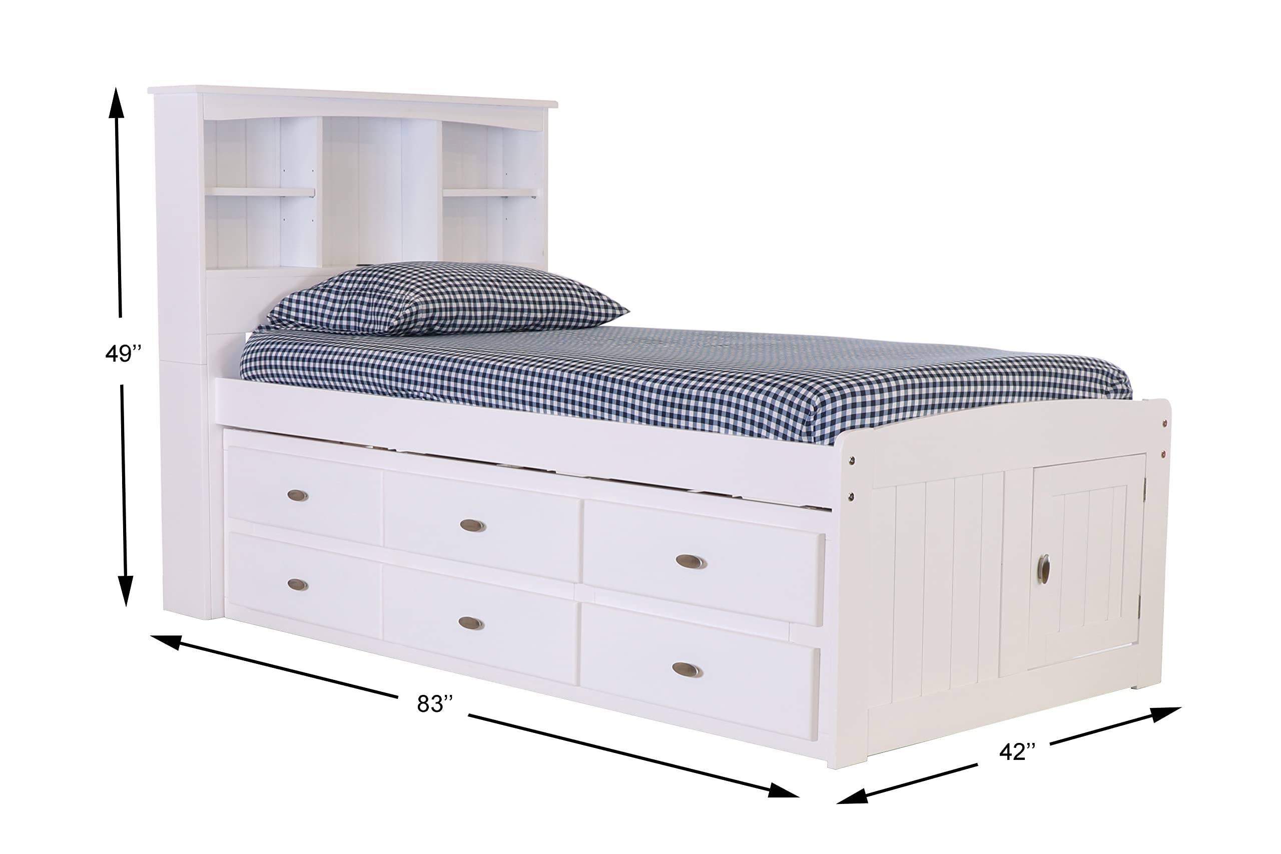 OS Home and Office Furniture Model 80220K6-22 Solid Pine Twin Captains Bookcase Bed with 6 Spacious Under Bed Drawers in Casual White