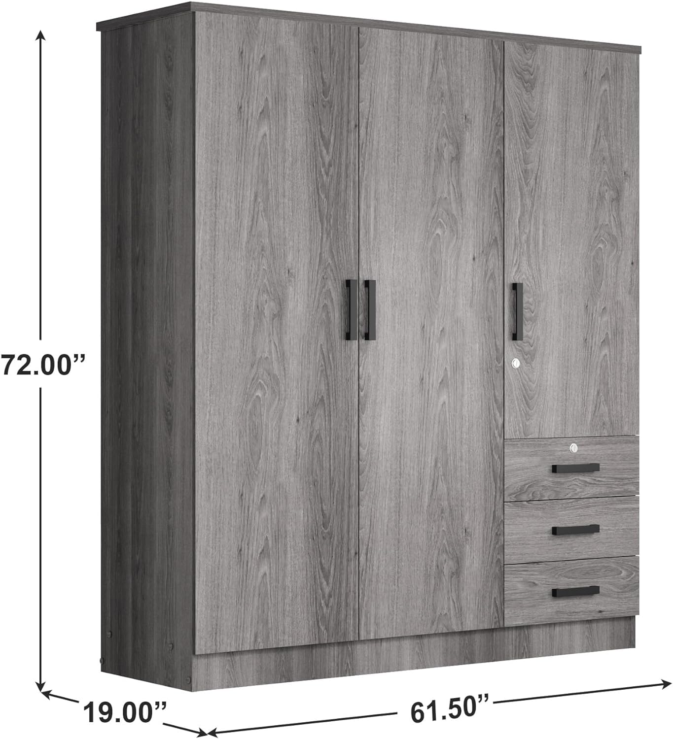 Violet Wardrobe Closet 3 Doors and 3 Drawers (Grey)