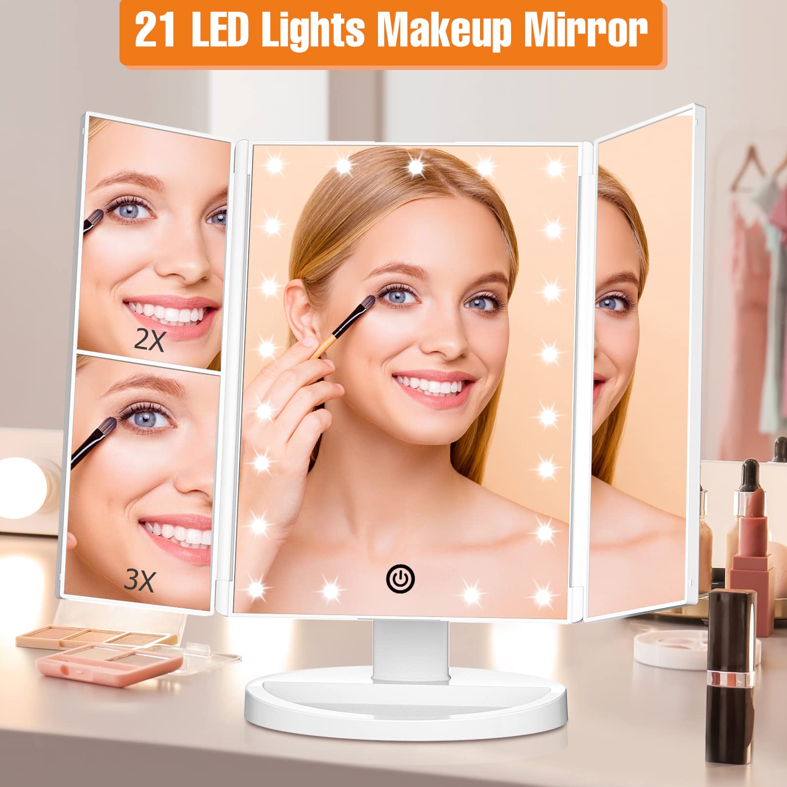 Fascinate Trifold Vanity Mirror With Lights, Lighted Makeup Mirror 2X/3X Magnification, 21 Led Touch Dimming, Dual Power 180 Rot