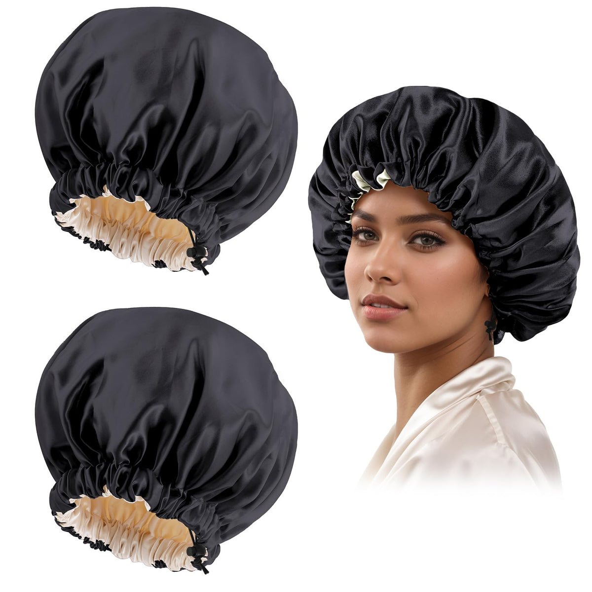 Satin Bonnet Silk Bonnet for Curly Hair Bonnet Braid Bonnet for Sleeping Bonnets for Women Large Double-Layer Adjustable(2Pcs Bl