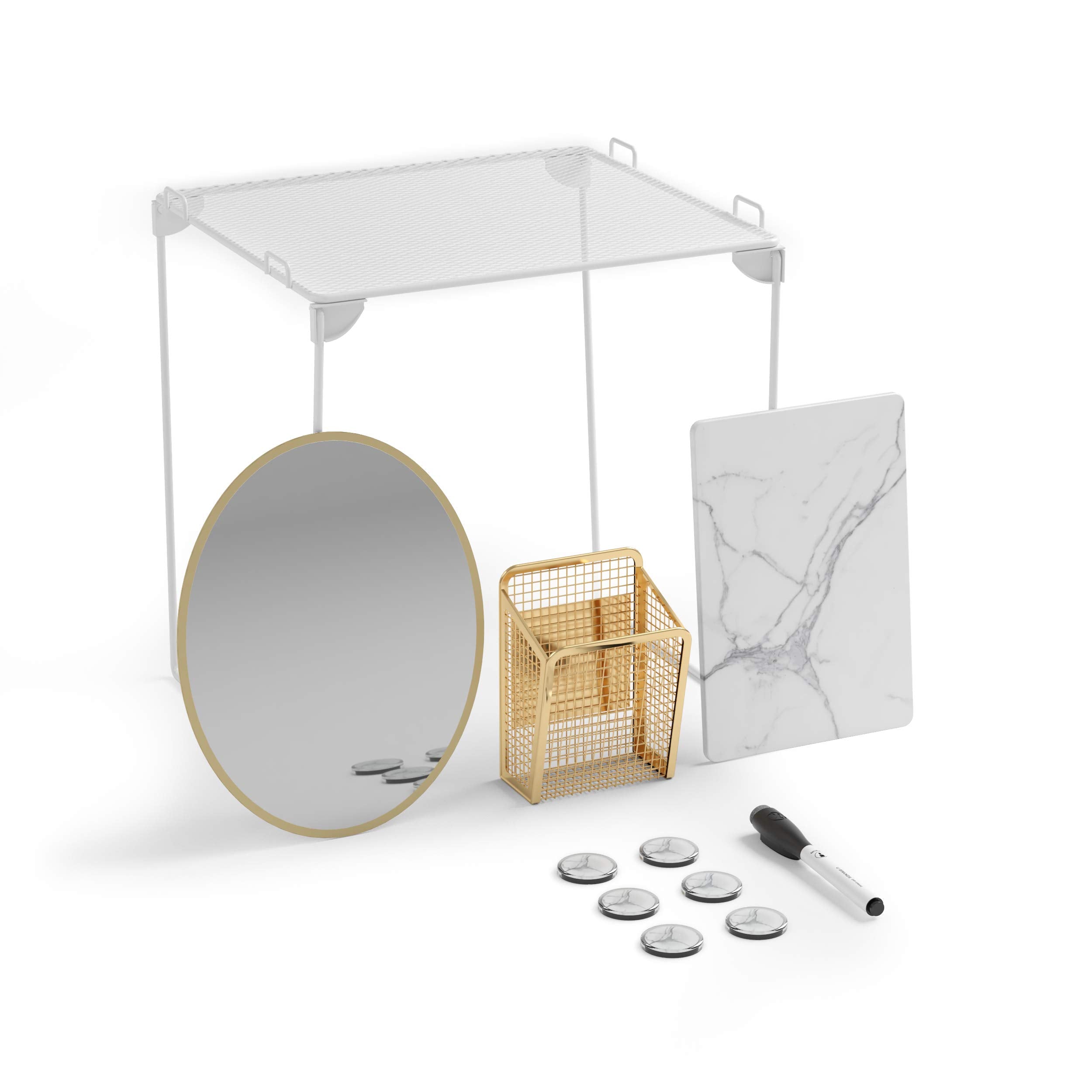 U Brands Locker Organizer And Decorating Kit, Back To School Essentials, Gold, 11-Piece, Includes Marble-Print Accessories, Mirr