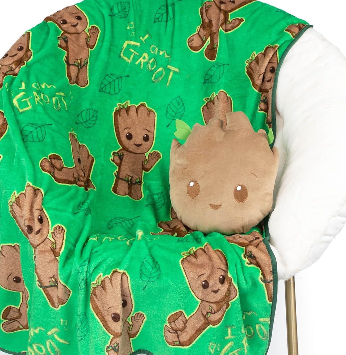 Jay Franco Marvel Guardians Of The Galaxy Groot Nogginz Set - 40 X 50 Inch Lightweight Travel Throw Blanket & Pillow - Kids Supe