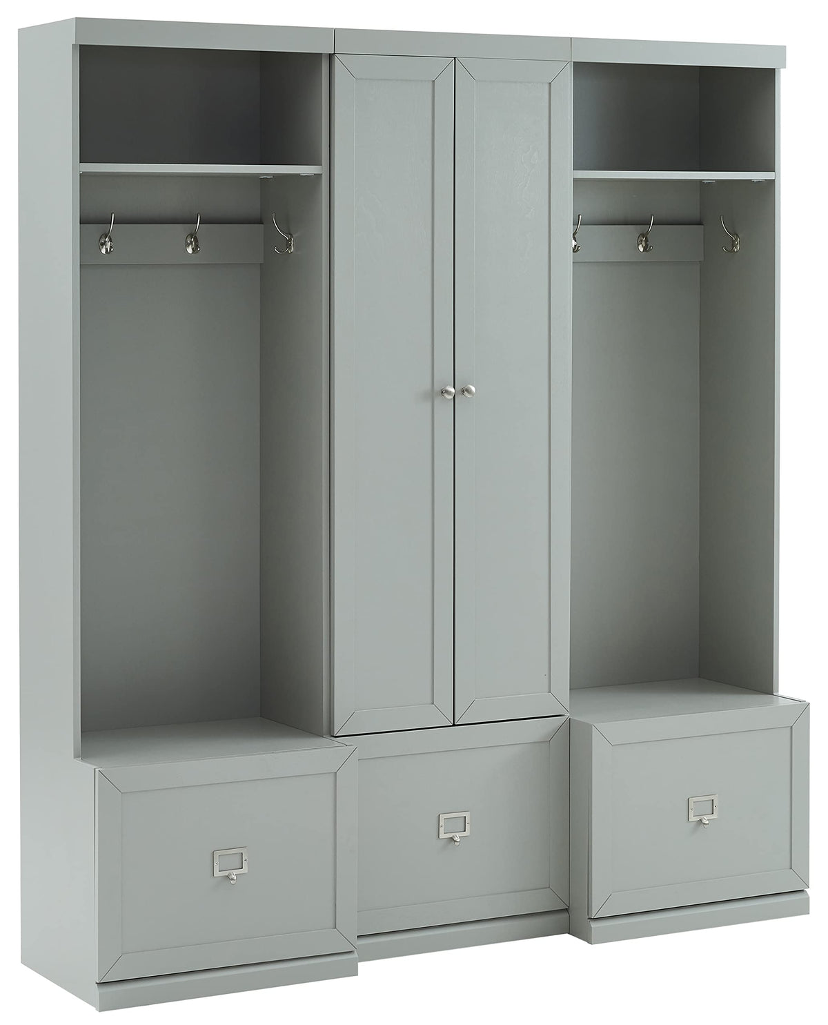 Crosley Furniture Harper 3-Piece Hall Tree and Storage Cabinet Set with Entryway Bench and Hooks for Hanging, Gray