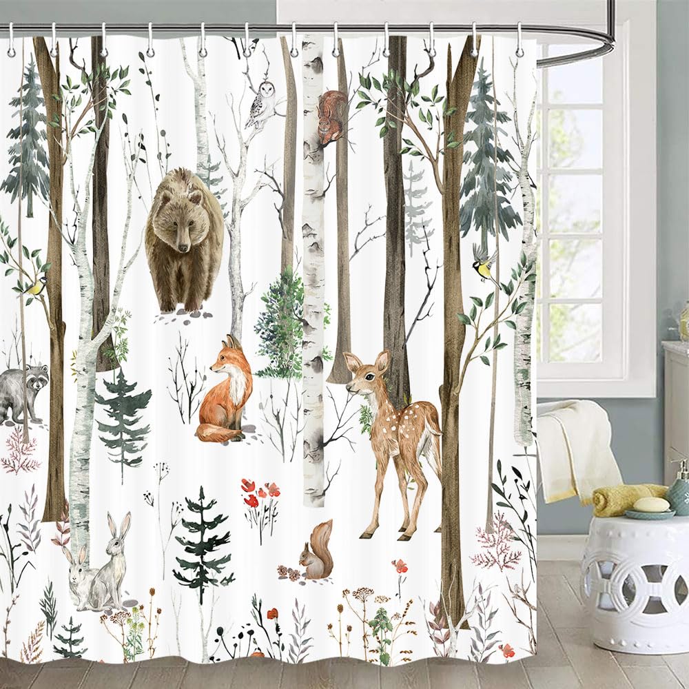 JAWO Rustic Forest Shower Curtain, Wildlife Bear Shower Curtain Farmhouse Woodland Shower Curtain Cabin Lodge Shower Curtain, Wo