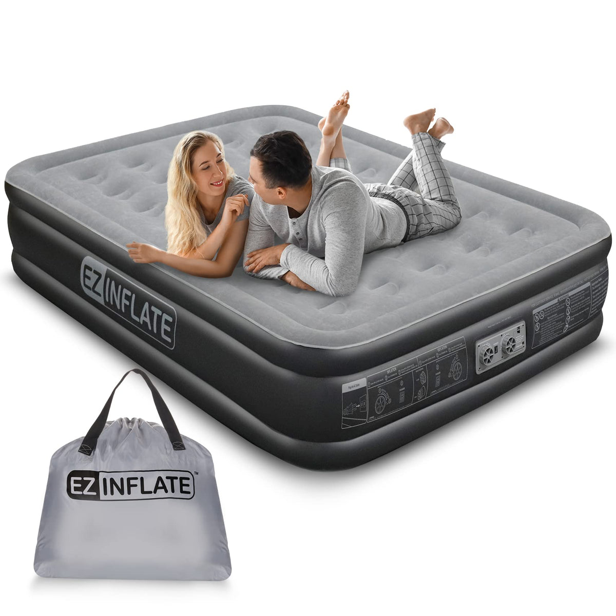 Ez Inflate Air Mattress With Built In Pump - Queen Size Double-High Inflatable Mattress With Flocked Top - Easy Inflate, Water