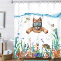 Uokiuki Funny Cat Fabric Shower Curtain, Fun Cat Diving Shower Curtain for Bathroom, Tropical Fish Coral Underwater Sea Animal S
