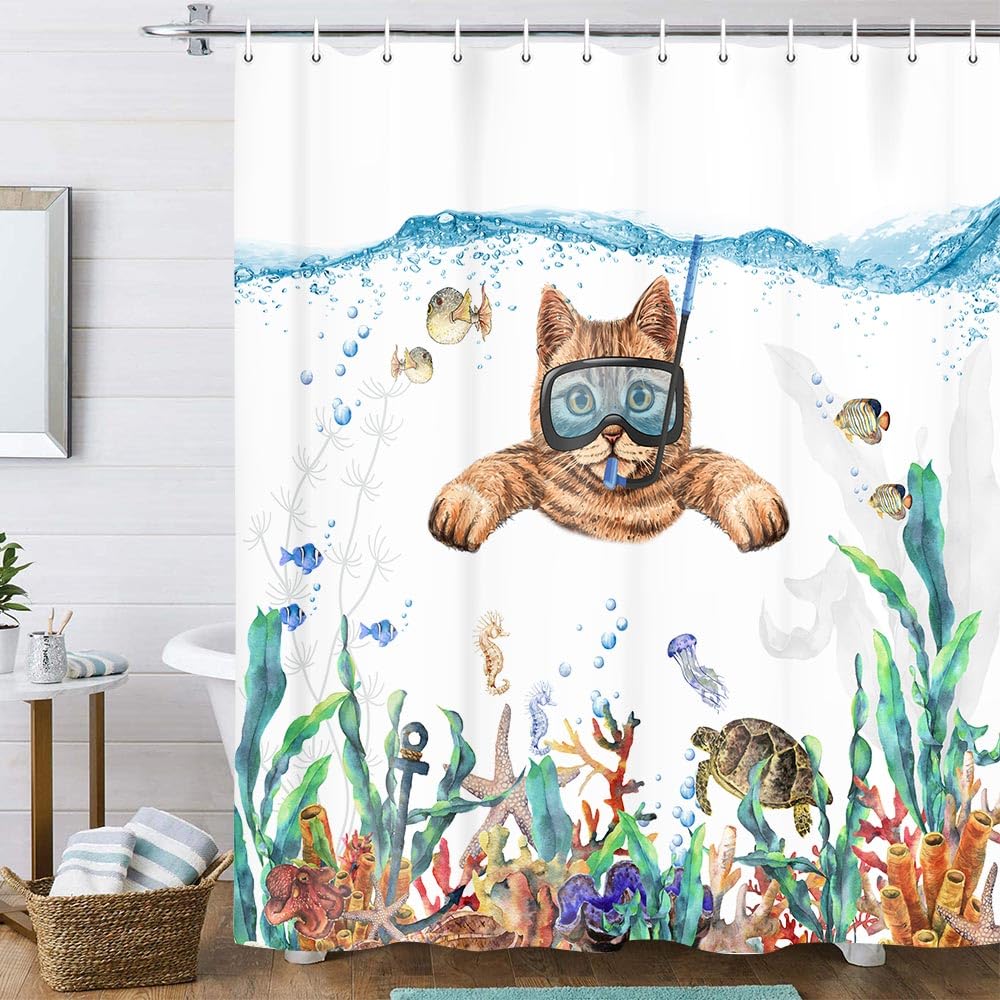 Uokiuki Funny Cat Fabric Shower Curtain, Fun Cat Diving Shower Curtain for Bathroom, Tropical Fish Coral Underwater Sea Animal S