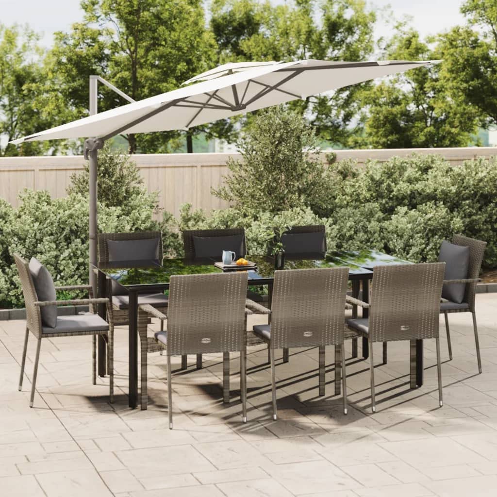 vidaXL 9-Piece Patio Dining Set: Stylish and Comfortable Outdoor Furniture, Contemporary Design, with Sturdy PE Rattan & Steel Frame, Black & Gray, Tempered Glass Tabletop, Comes with Cushions