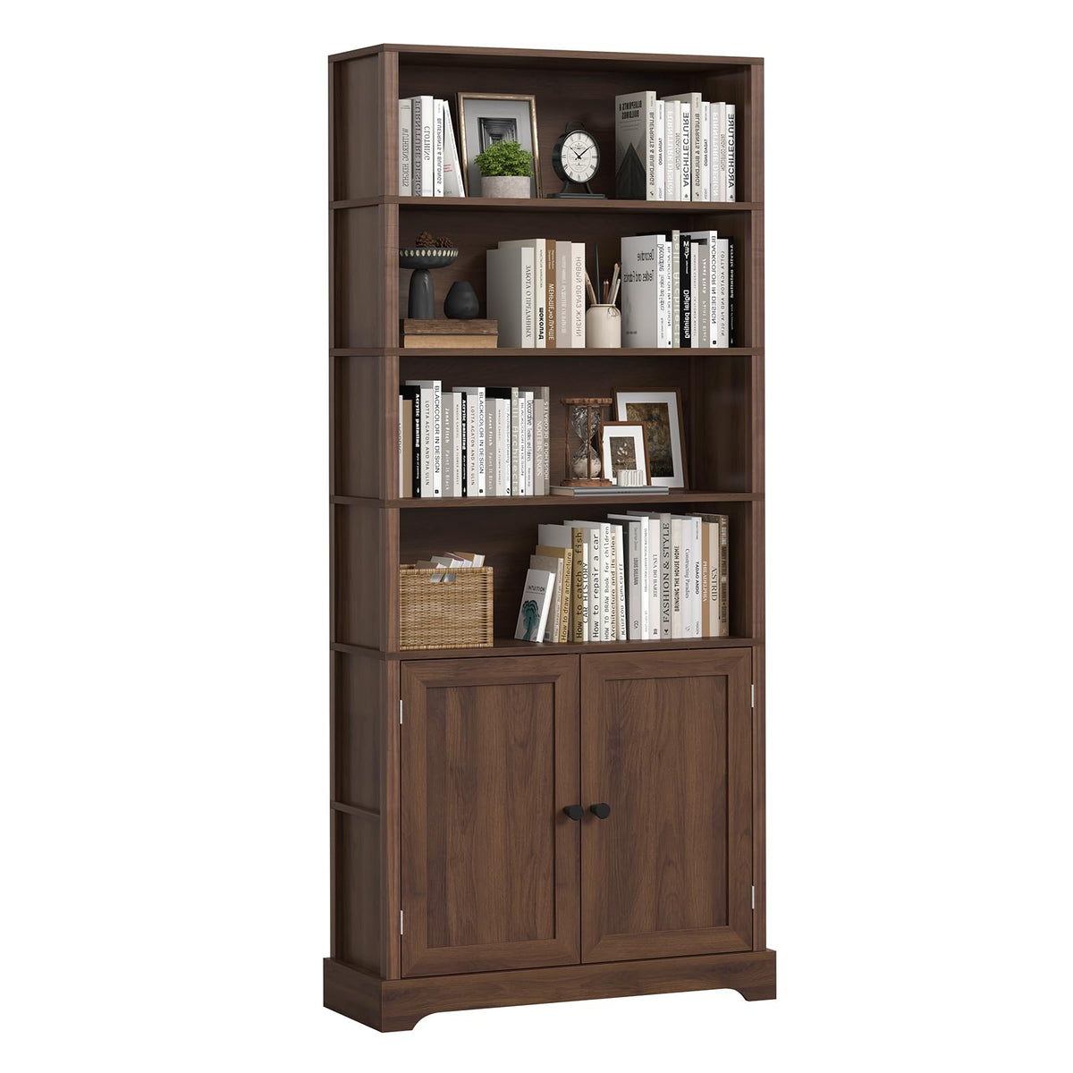 TVU Bookshelf and Bookcase with Doors, 5 Open Shelves & 2 Door Storage Cabinet, 77.2 Tall Freestanding Book Shelf for Living Ro