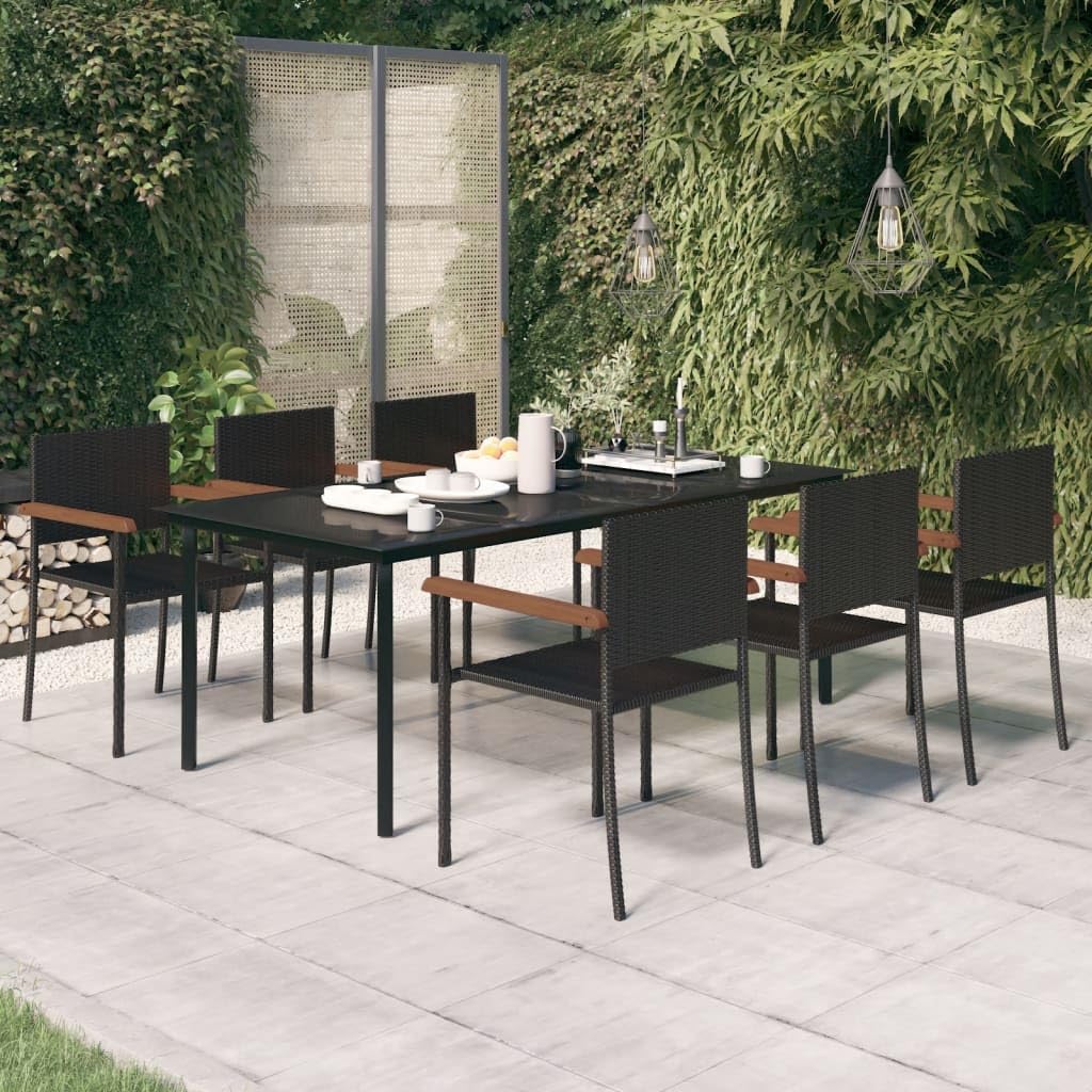 vidaXL 7 Piece Outdoor Dining Set | Black Patio Furniture | Table and Chairs | PE Rattan | Solid Acacia Wood | Powder-Coated Steel Frame | Smooth Glass Tabletop