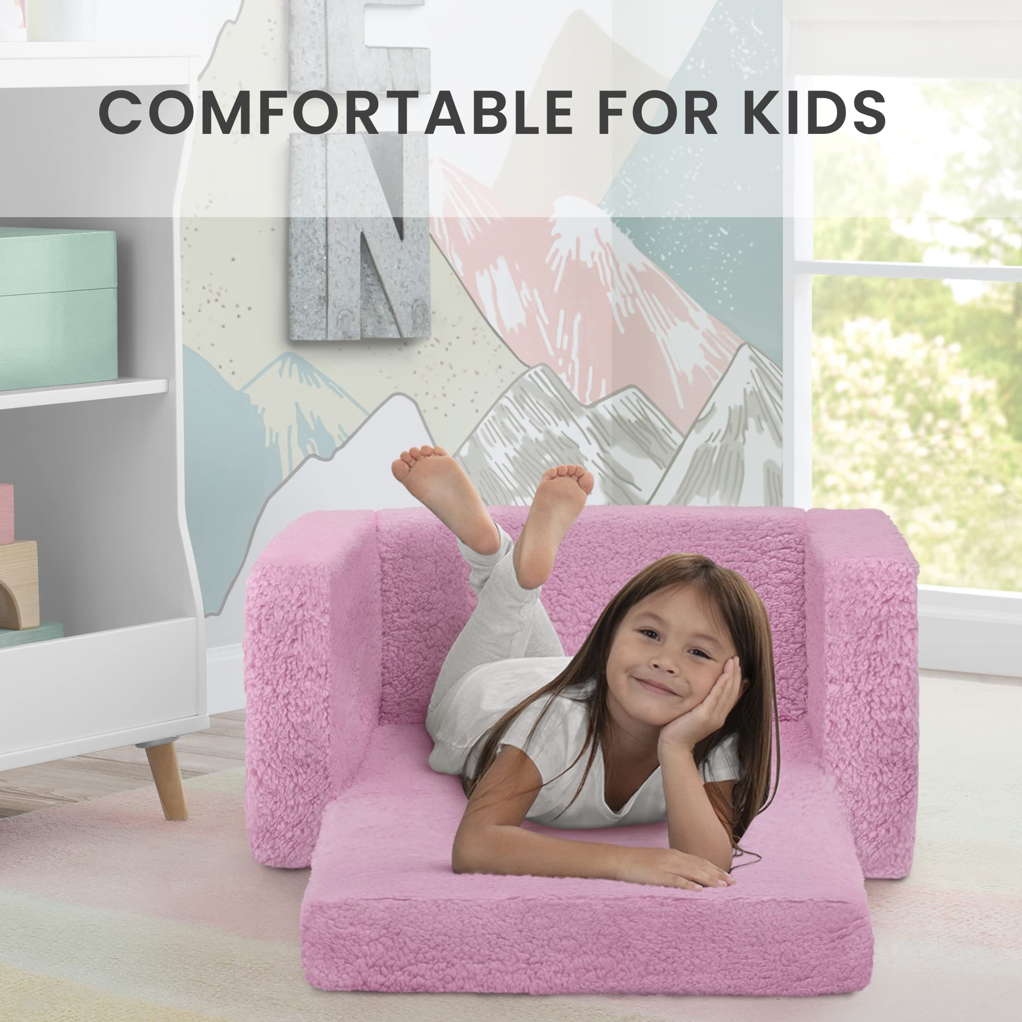 Delta Children Cozee Flip-Out Sherpa 2-In-1 Convertible Chair To Lounger For Kids, Pink