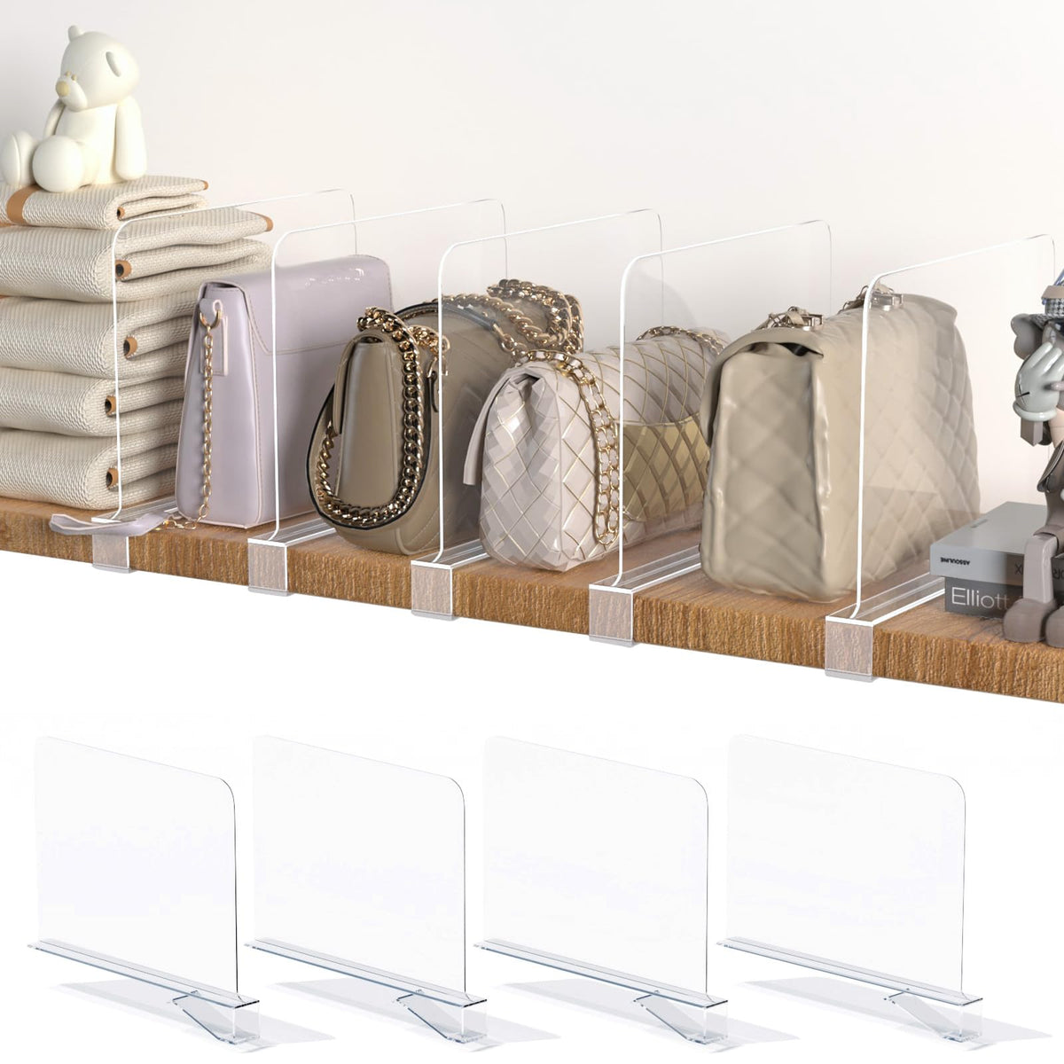 SUNHEARTH 4PCS Acrylic Shelf Dividers for Closet Organization,Clear Closet Dividers for Shelves,Vertical Purse Organizer for Clo