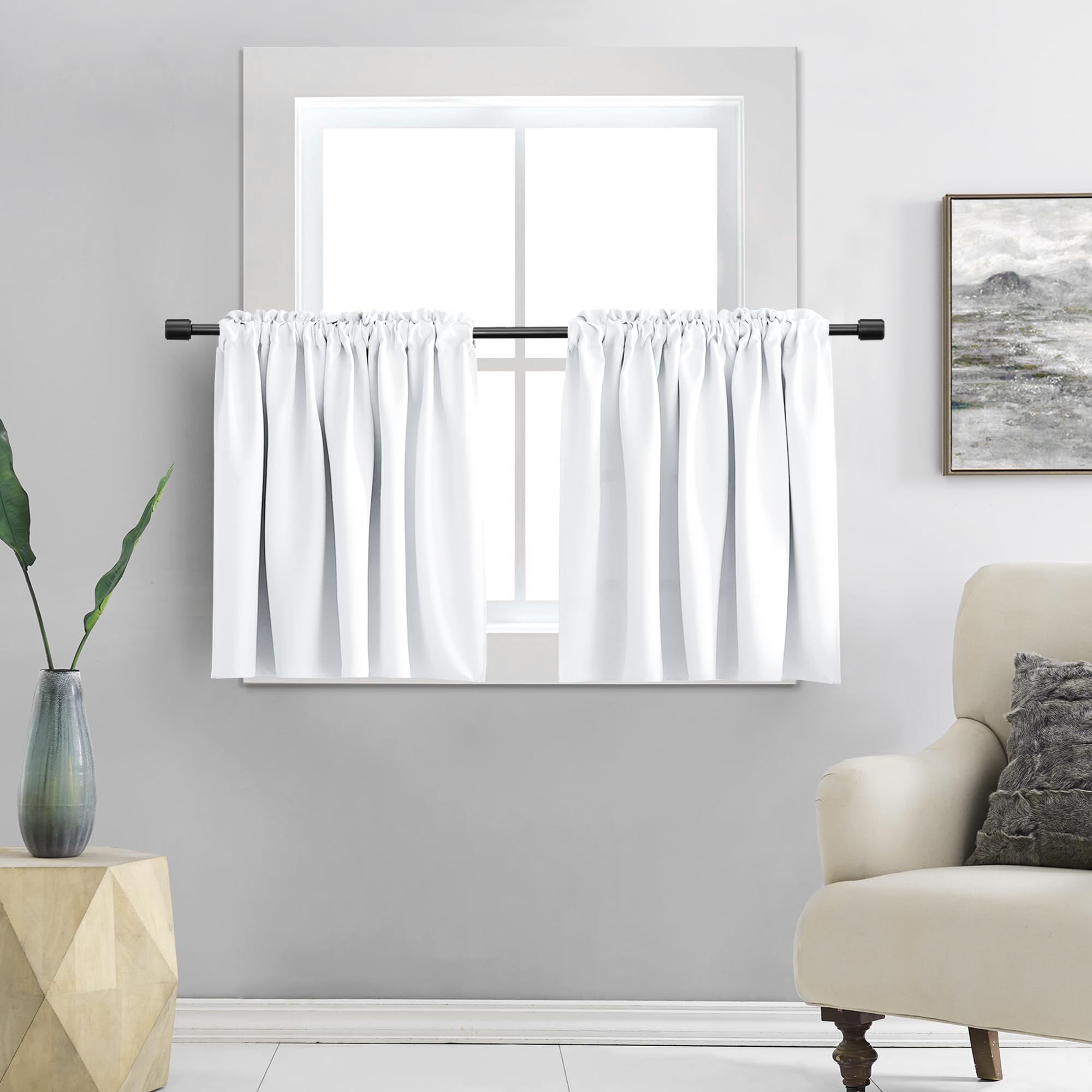 Donren Pure White (Only Block 50% Lights) Small Window Curtain Panels Room Darkening Curtain Tiers For Nursery With Rod Pocket (52 X 36 Inch,1 Pair)