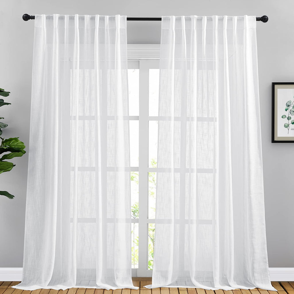 Nicetown Living Room Curtains Linen Sheer, Rod Pocket & Back Tab Sheer Linen Window Treatments Extra Long Vertical Drapes Privac