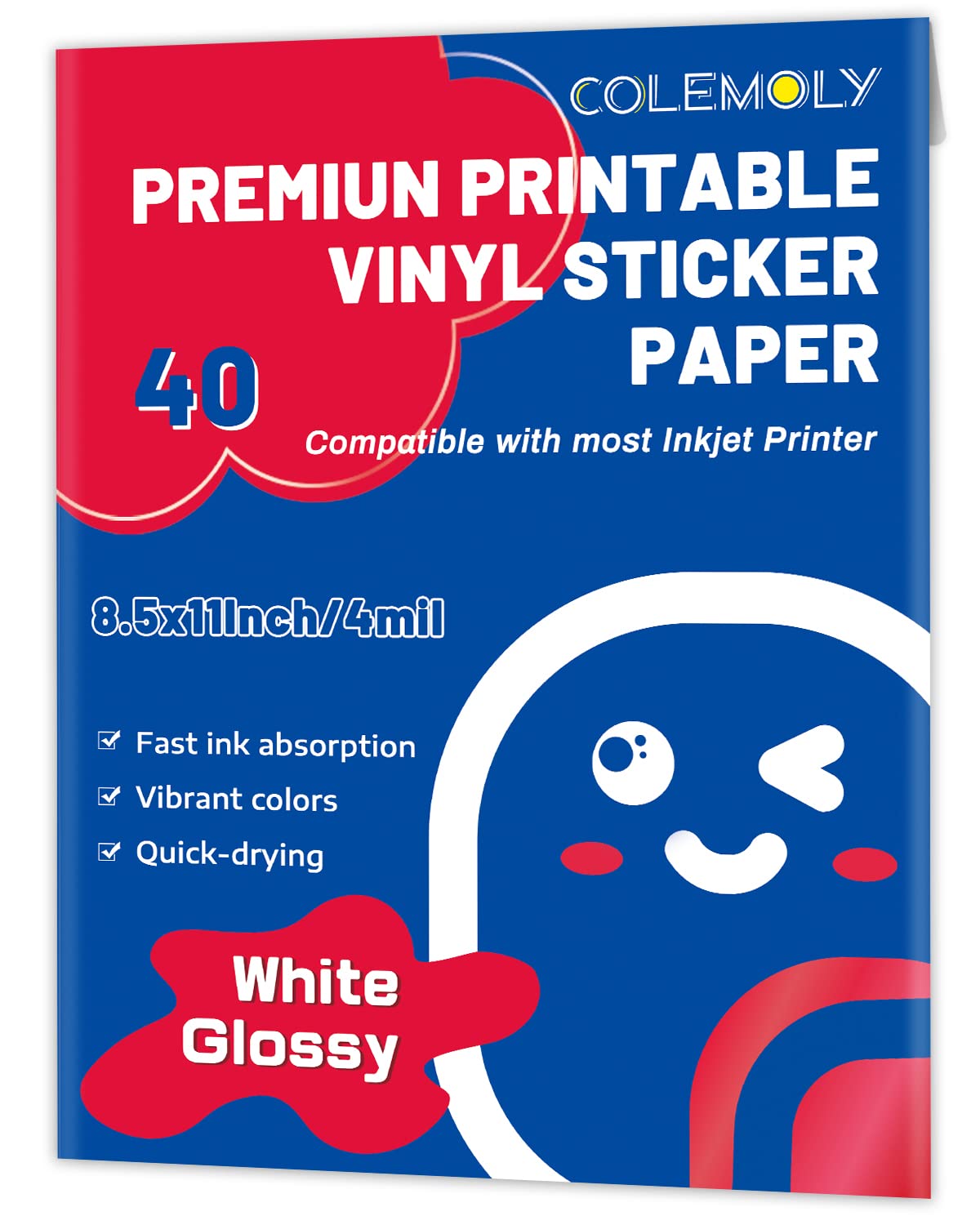Colemoly Sticker Paper Glossy Printable Vinyl For Inkjet Printer 40 Adhesive Sheets White Decals Waterproof Quick Drying Tear An
