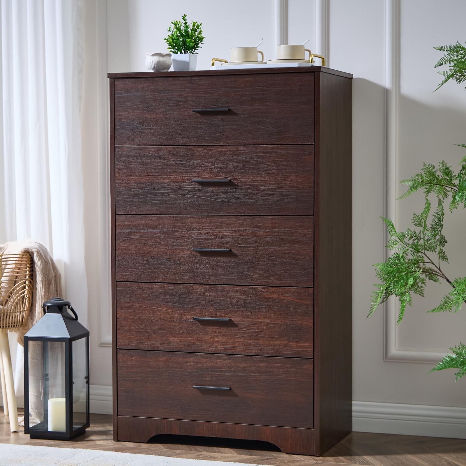 Dark Cherry Dresser for Bedroom Wooden, 5 Drawer Dressers & Chests of Drawers, Modern Wood Tall Dresser, 47 Inches Tall Chest of
