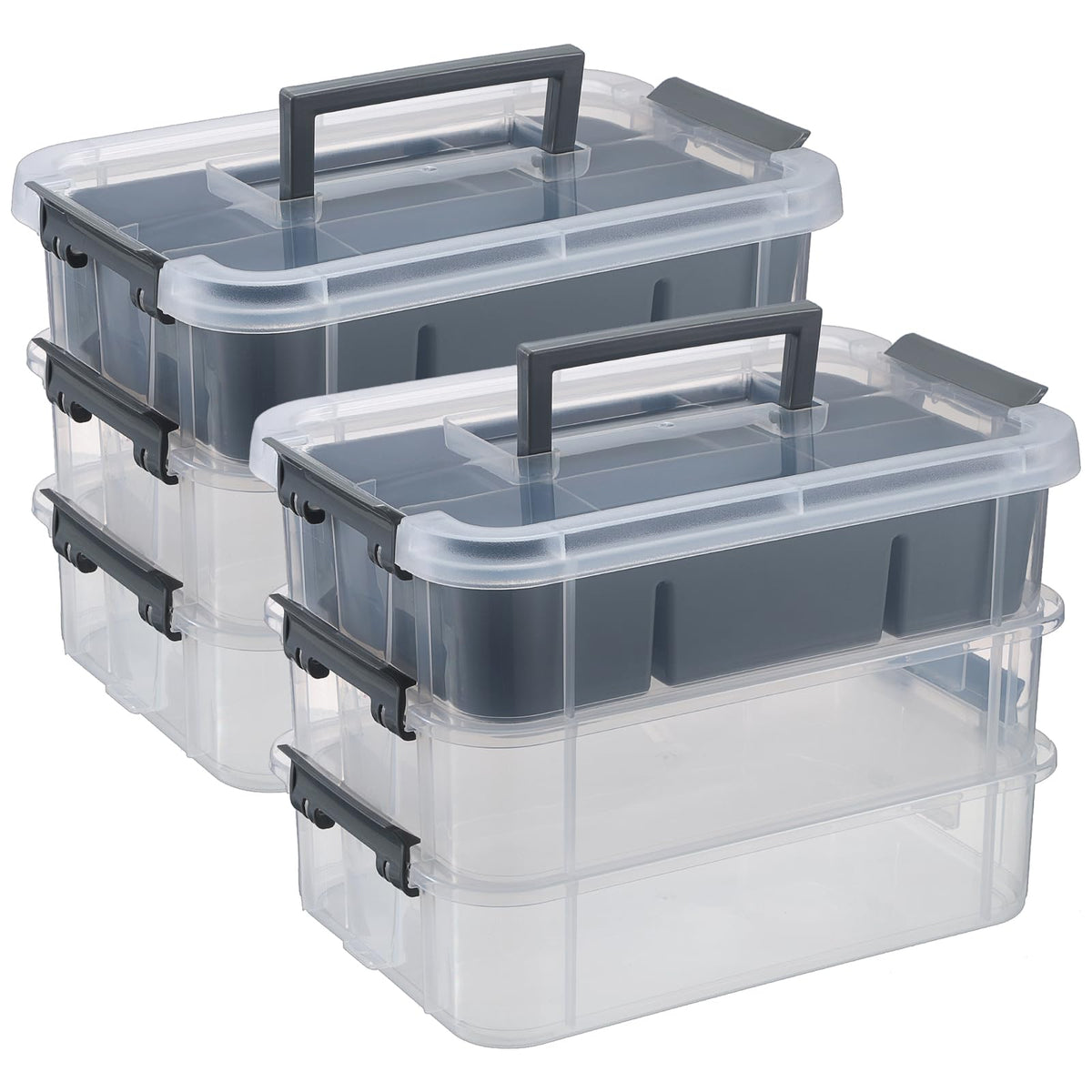 JUXYES 3Tiers Plastic Stack Carry Storage Containers Box wih Handle Lids