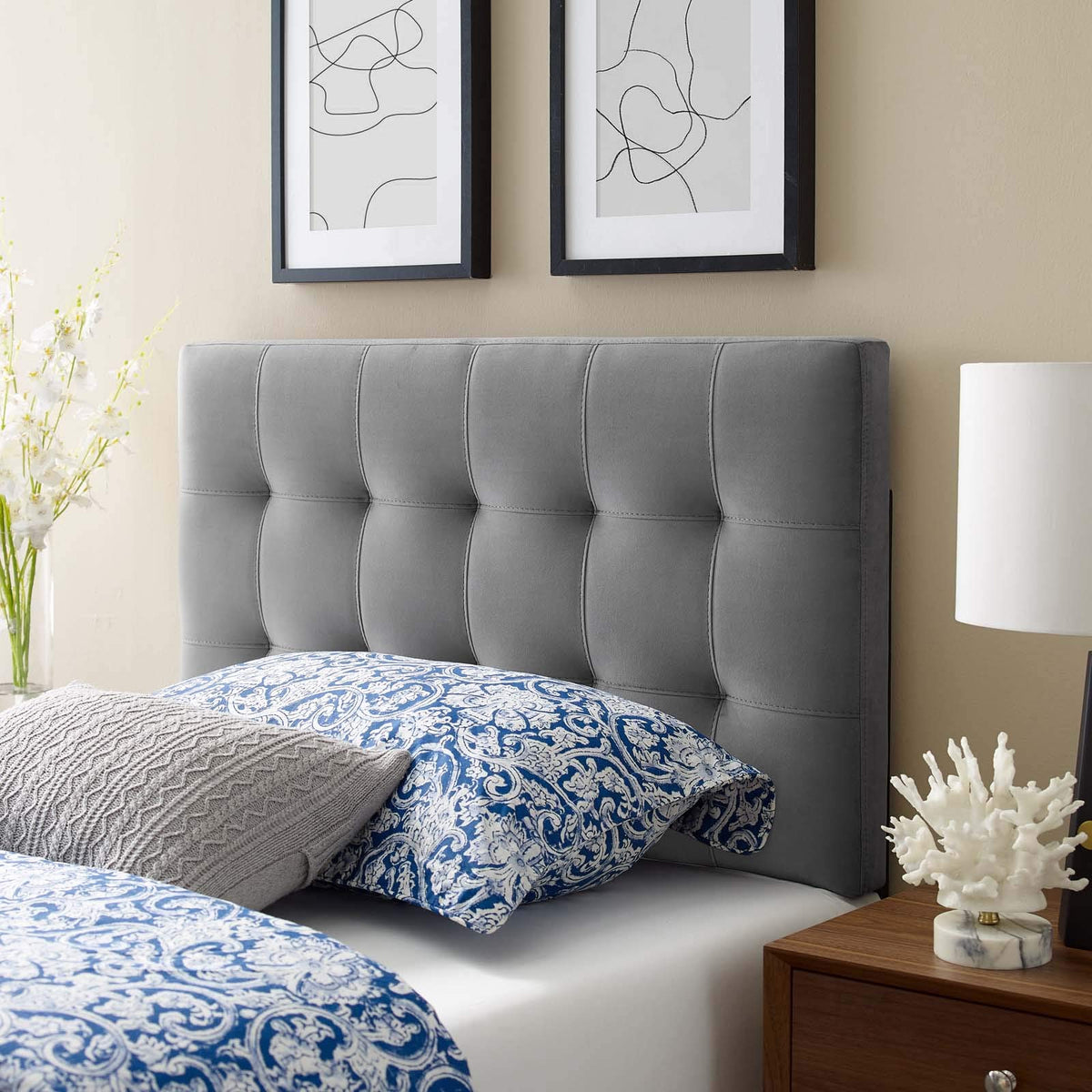 Modway Lily King Biscuit Tufted Performance Velvet Headboard, Gray