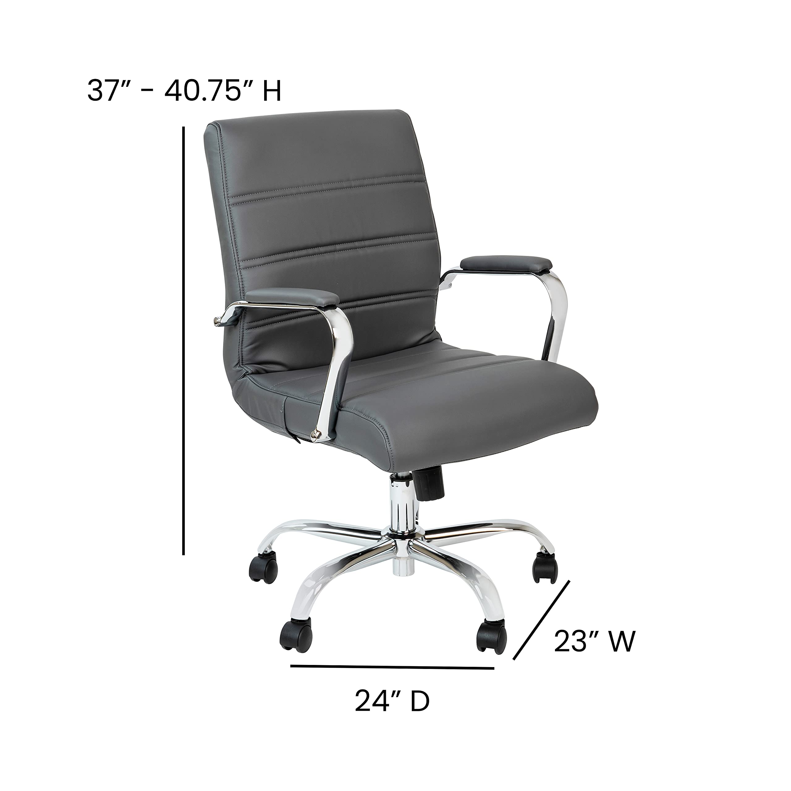 Flash Furniture Whitney Mid-Back Swivel LeatherSoft Desk Chair with Padded Seat and Armrests, Adjustable Height Padded Office Chair, Gray/Chrome