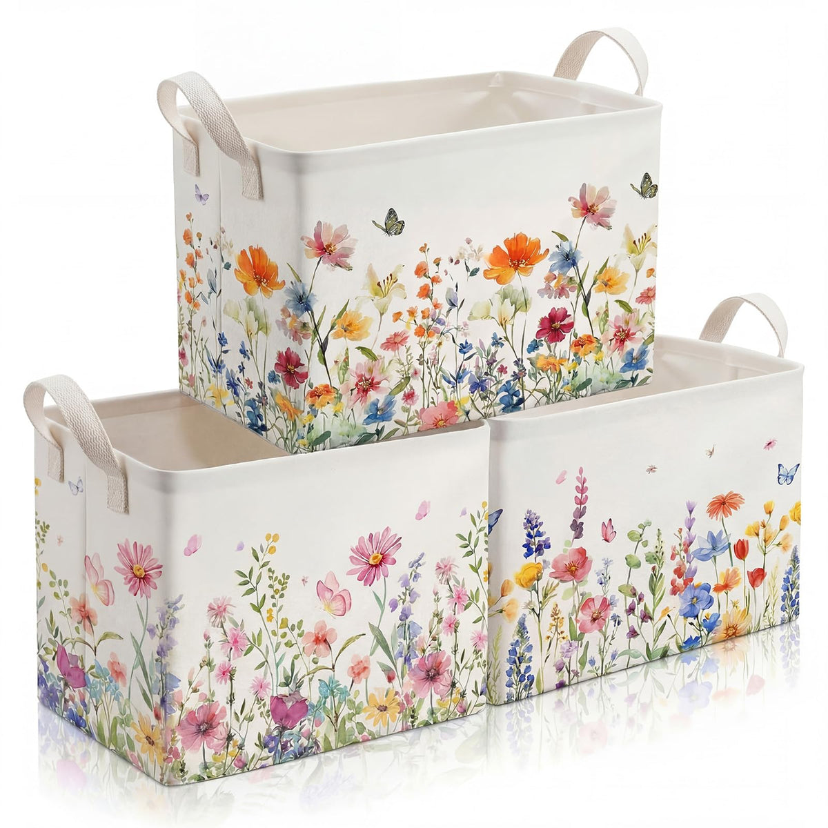 3 Pcs Wildflower Floral Storage Baskets, Collapsible Rectangle Bins