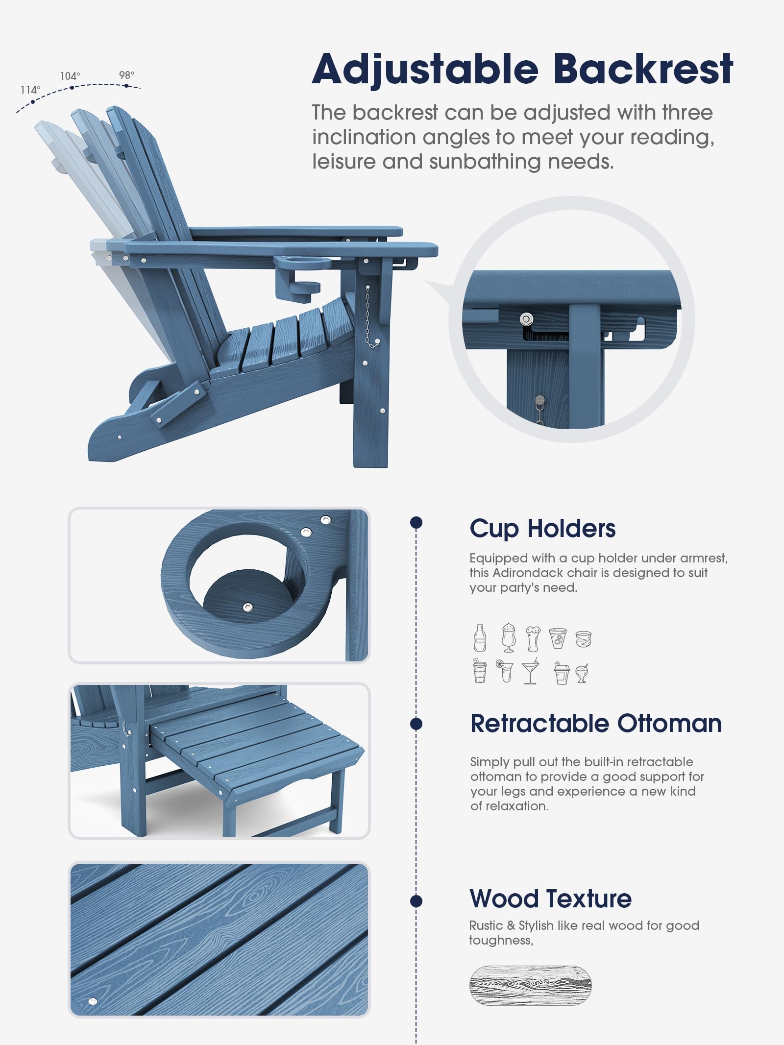 Kingyes Folding Adjustable Adirondack Chair With Retractable Ottoman, Blue