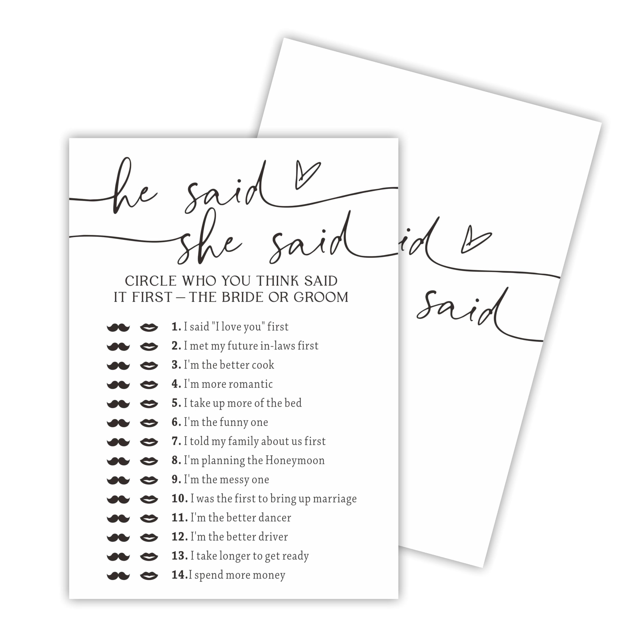 Minimalism Bridal Shower Game Cards, He Said She Said, Double-Sided Wedding Party Game Cards for 30 Guests, Engagement Party Act