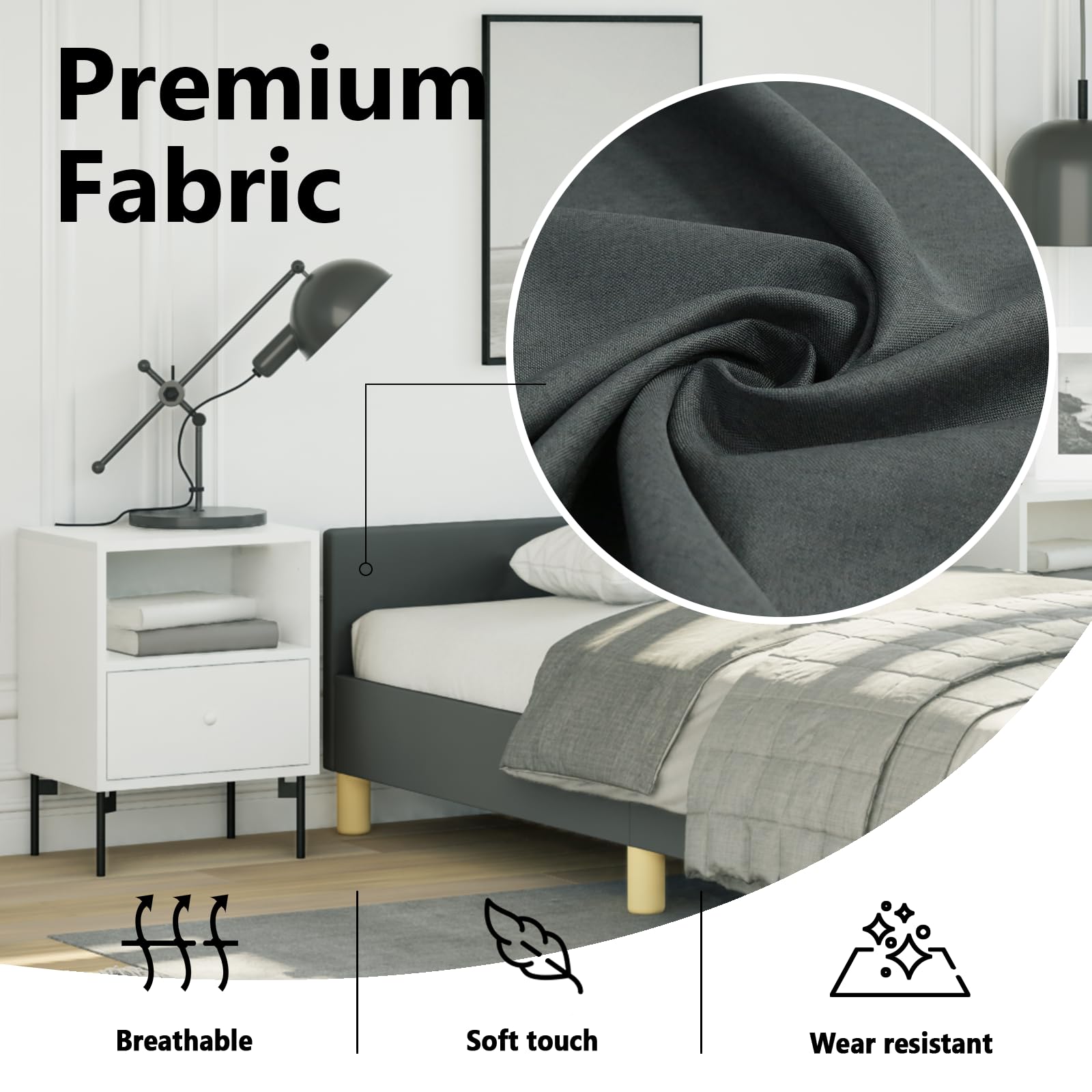 vidaXL Fabric Bed Frame Platform Bed, Scandinavian Style/Slats Support/No Box Spring Needed/Without Mattress/Easy Assembly, Dark Grey Twin Bed