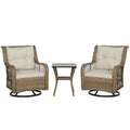 Outsunny PE Wicker Outdoor Bistro Set, Swivel Glider Patio Chairs and 2-Tier Storage Table with Slatted WPC Top, 3 Piece Patio F