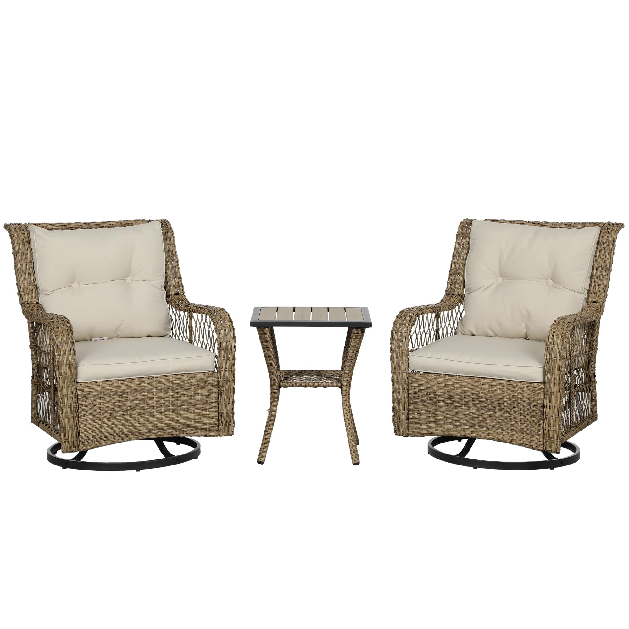 Outsunny PE Wicker Outdoor Bistro Set, Swivel Glider Patio Chairs and 2-Tier Storage Table with Slatted WPC Top, 3 Piece Patio F