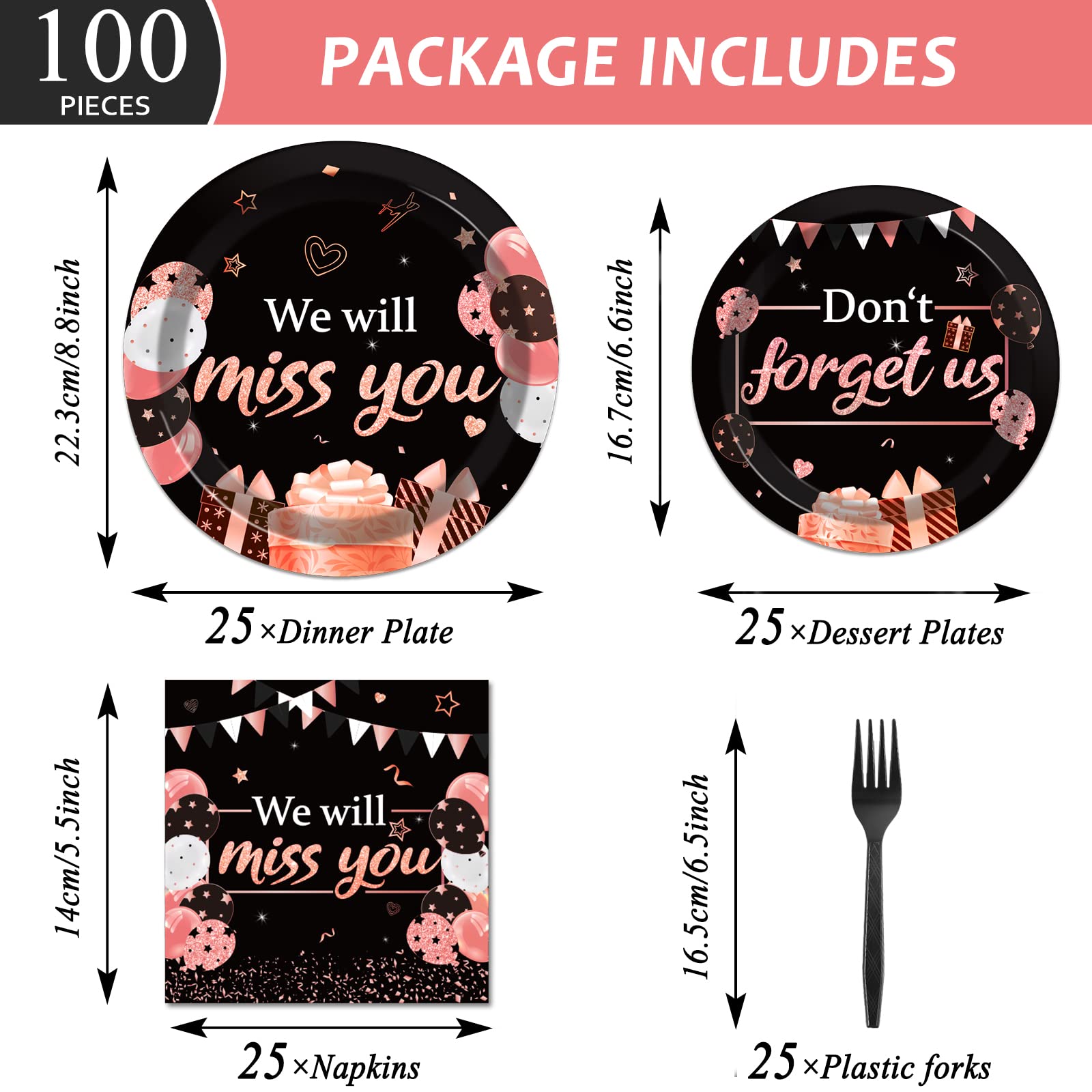 96Pcs We Will Miss You Party Paper Plate And Napkin Farewell Party Decoration Going Away Party Disposable Tableware Set Black An